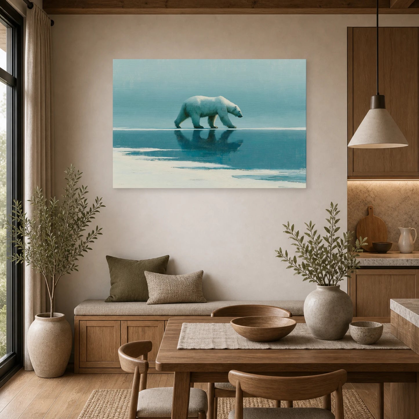 Mockup WebP Tableau Ours Blanc Banquise Minimaliste dans une cuisine - Art Virtuoso
