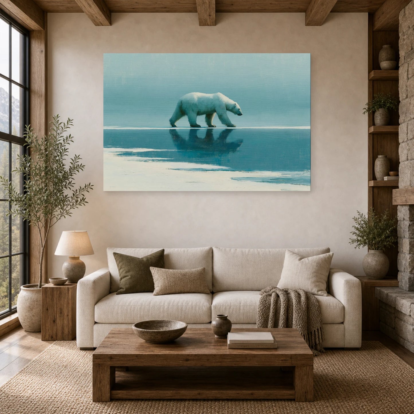 Mockup WebP Tableau Ours Blanc Banquise Minimaliste dans un salon - Art Virtuoso