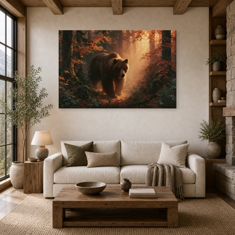 Braunbär im herbstlichen Wald auf Leinwand