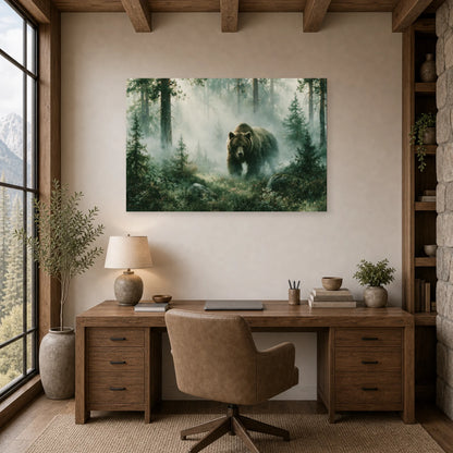 Mockup WebP Tableau Ours Brun Foret Brume dans un bureau - Art Virtuoso
