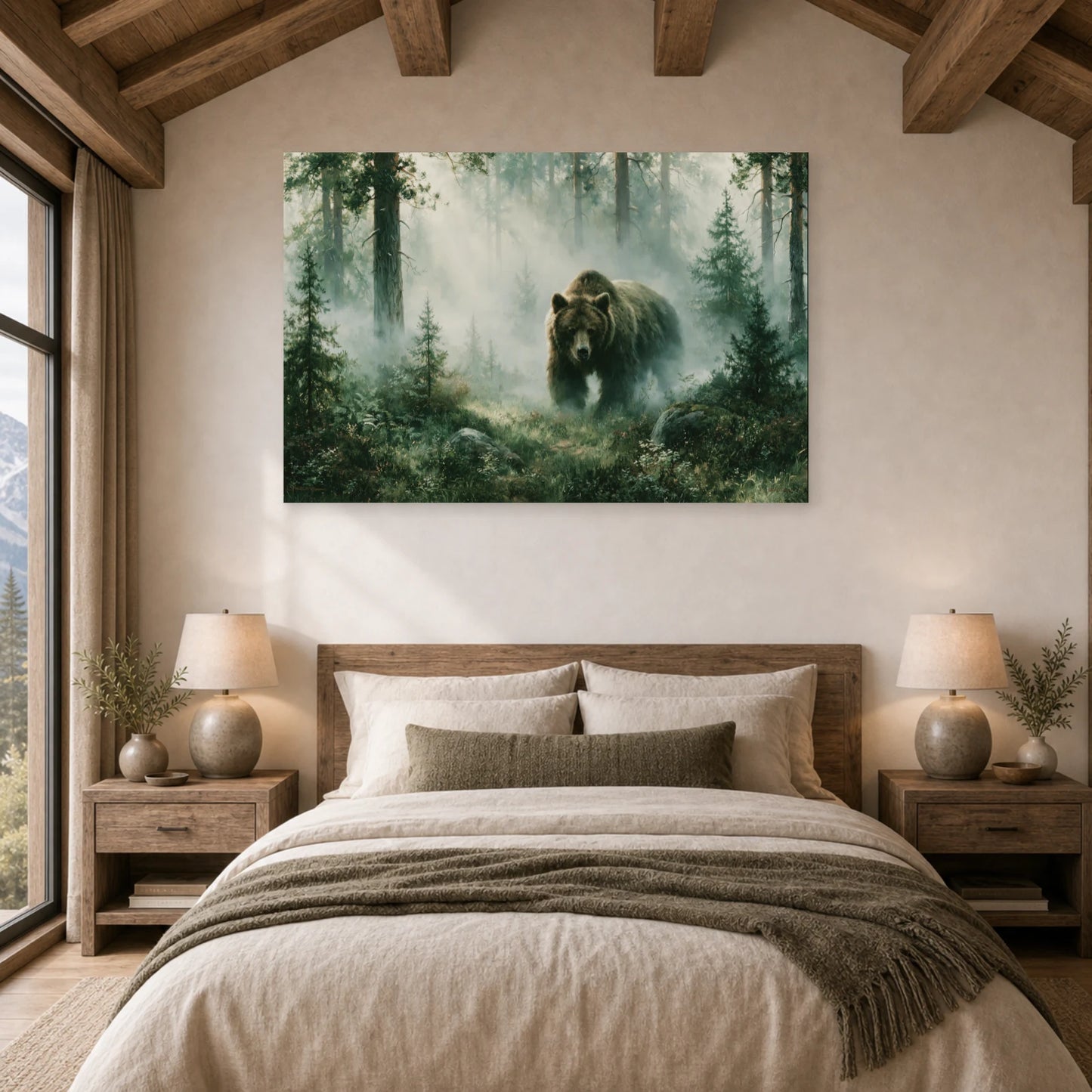 Mockup WebP Tableau Ours Brun Foret Brume dans une chambre - Art Virtuoso