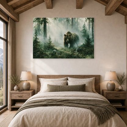 Mockup WebP Tableau Ours Brun Foret Brume dans une chambre - Art Virtuoso