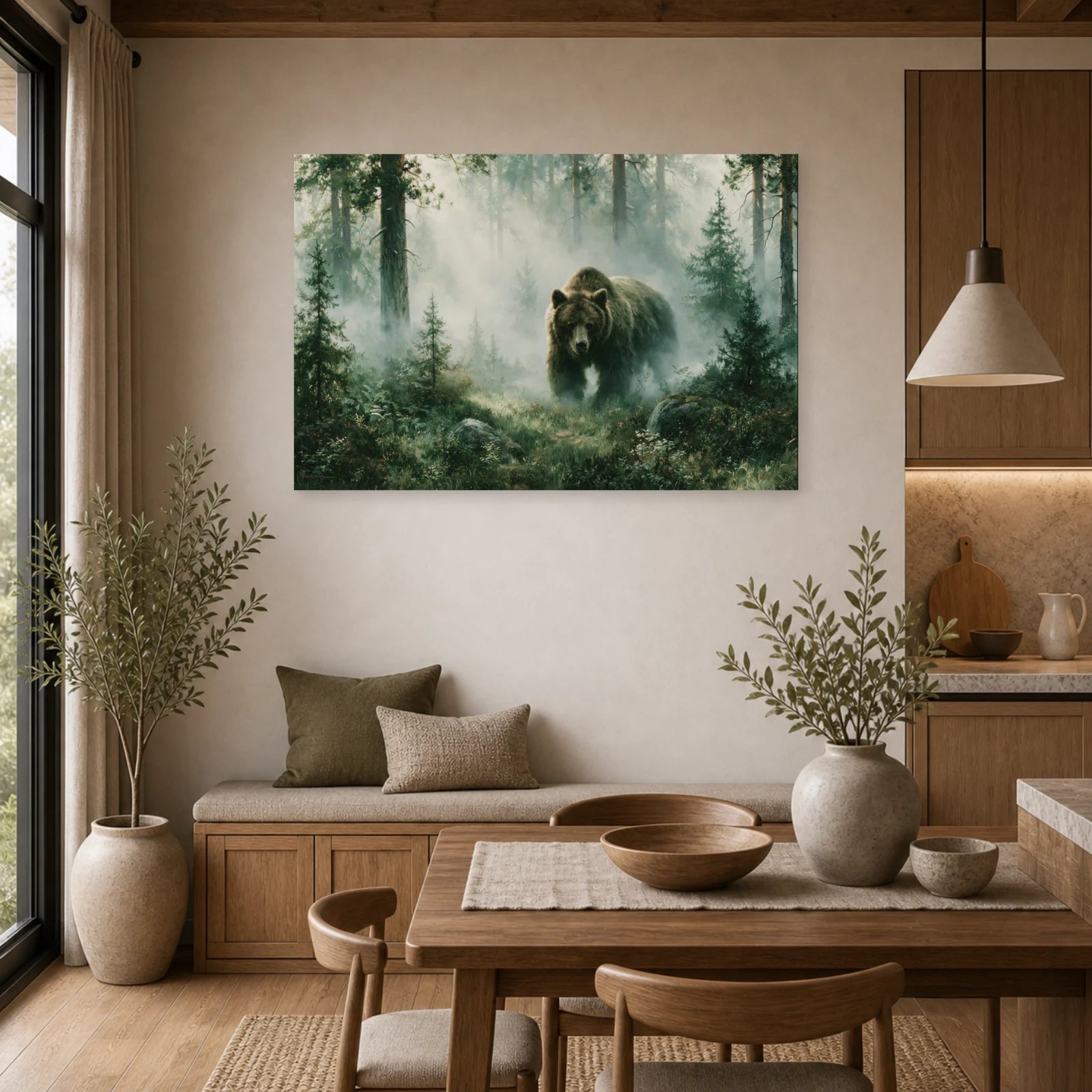 Mockup WebP Tableau Ours Brun Foret Brume dans une cuisine - Art Virtuoso