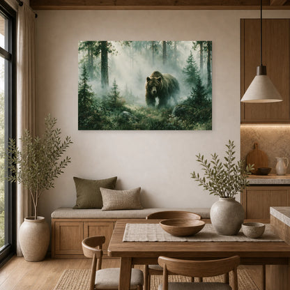 Mockup WebP Tableau Ours Brun Foret Brume dans une cuisine - Art Virtuoso