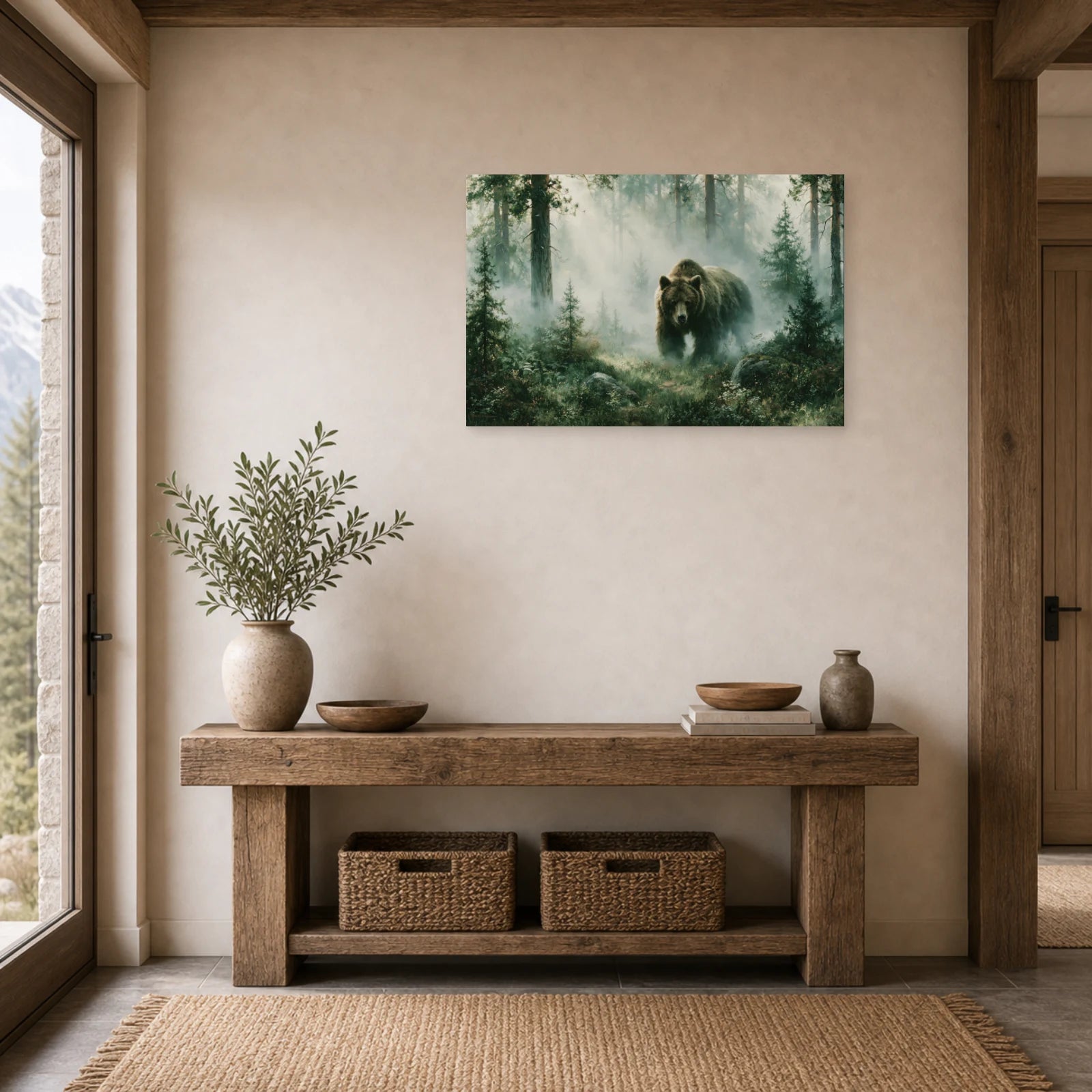 Mockup WebP Tableau Ours Brun Foret Brume dans une entree ou un couloir - Art Virtuoso