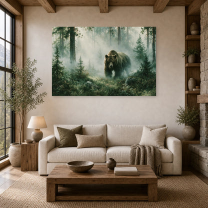 Mockup WebP Tableau Ours Brun Foret Brume dans un salon - Art Virtuoso