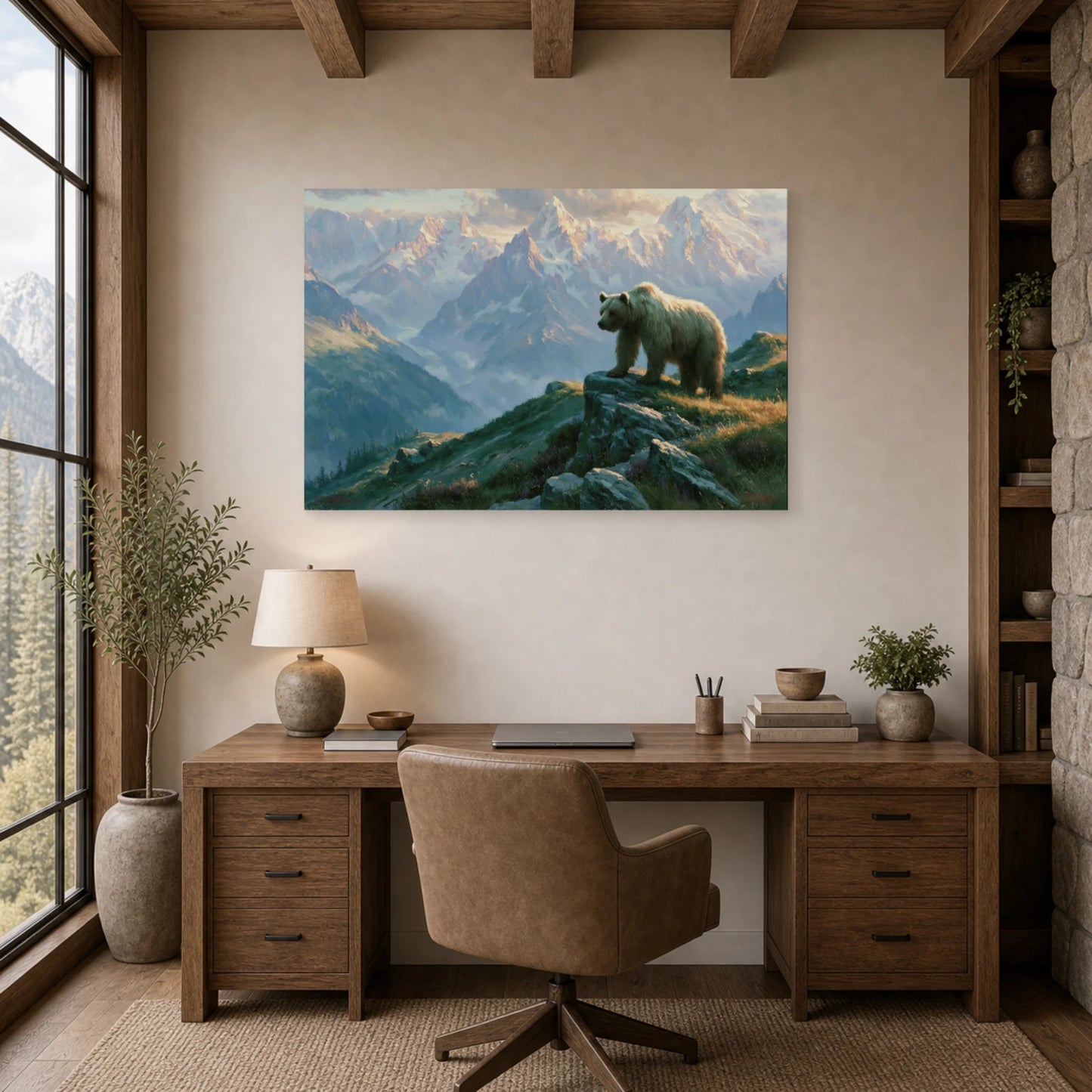 Mockup WebP Tableau Ours Brun Montagne dans un bureau - Art Virtuoso