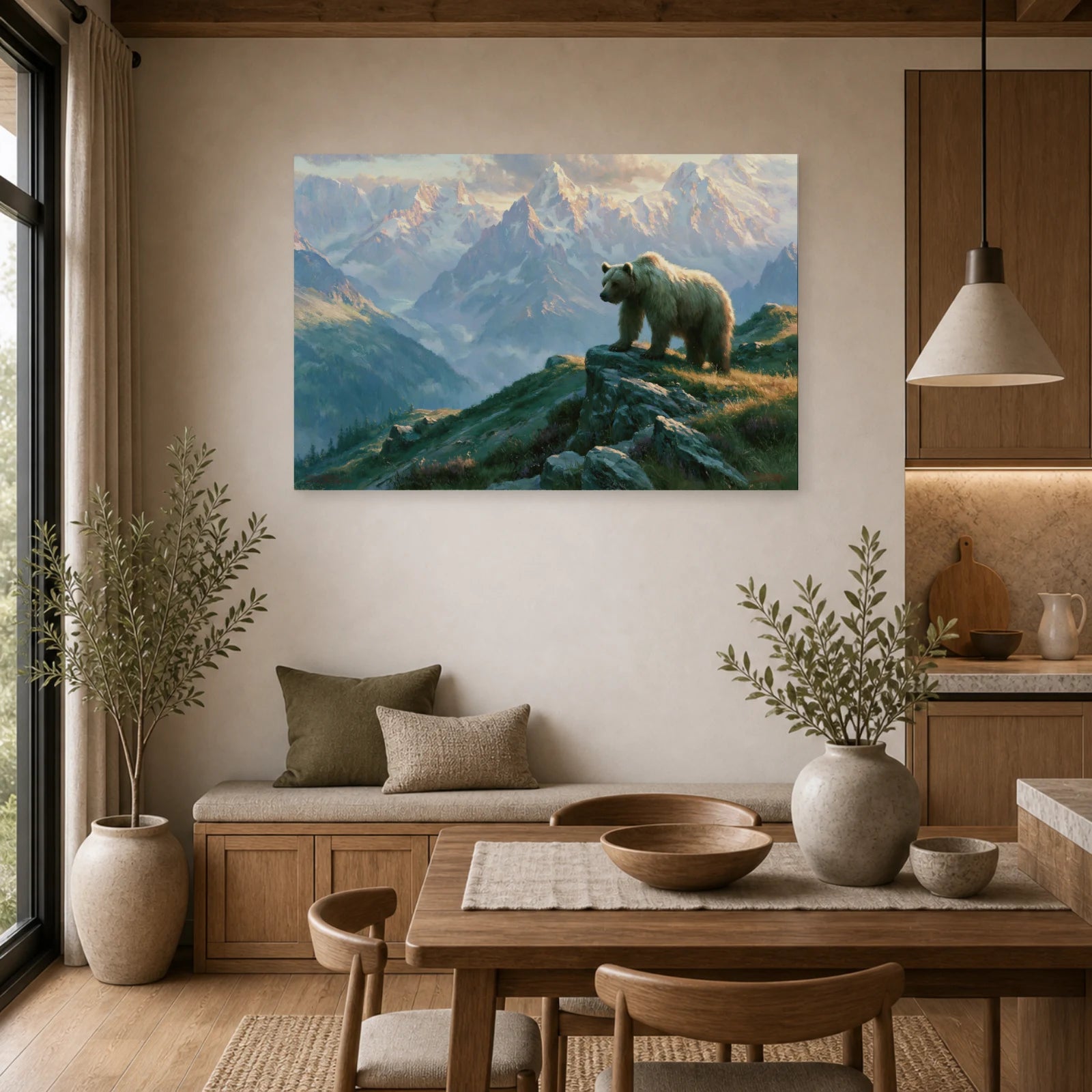 Mockup WebP Tableau Ours Brun Montagne dans une cuisine - Art Virtuoso
