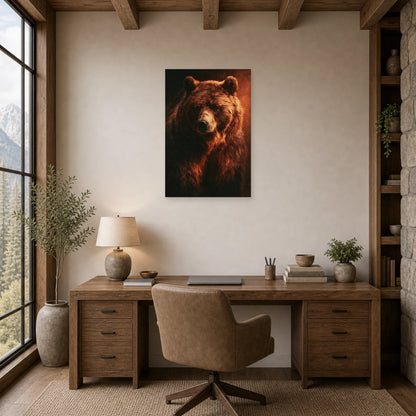 Mockup WebP Tableau Ours Brun Peinture Huile dans un bureau - Art Virtuoso