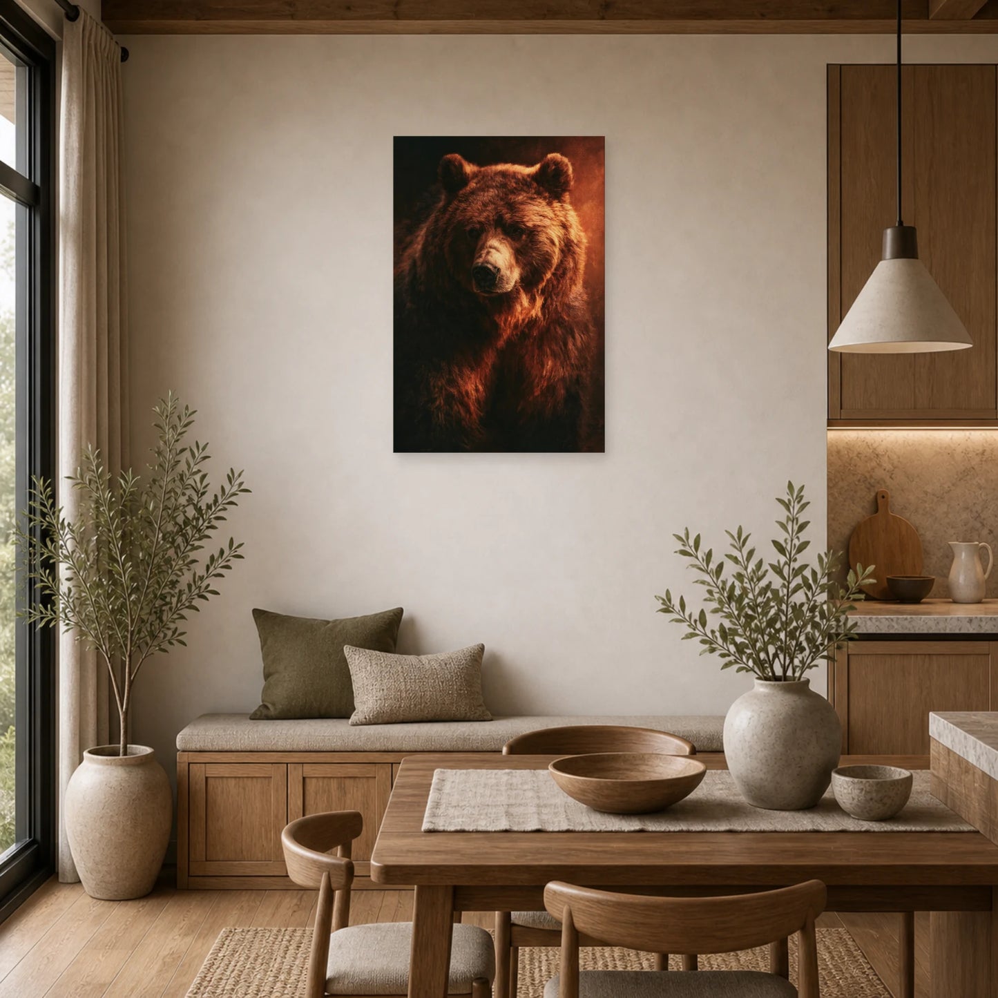 Mockup WebP Tableau Ours Brun Peinture Huile dans une cuisine - Art Virtuoso