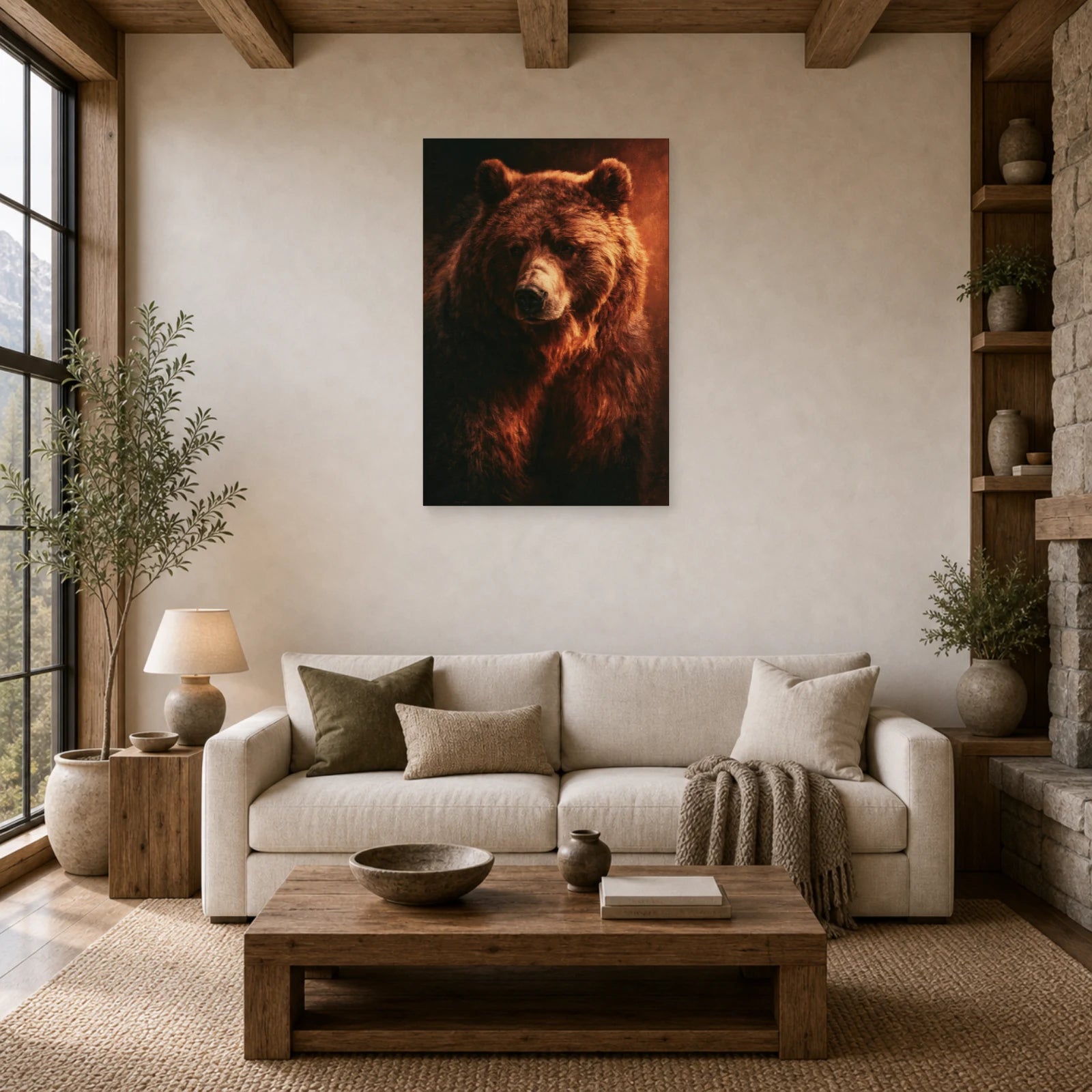 Mockup WebP Tableau Ours Brun Peinture Huile dans un salon - Art Virtuoso