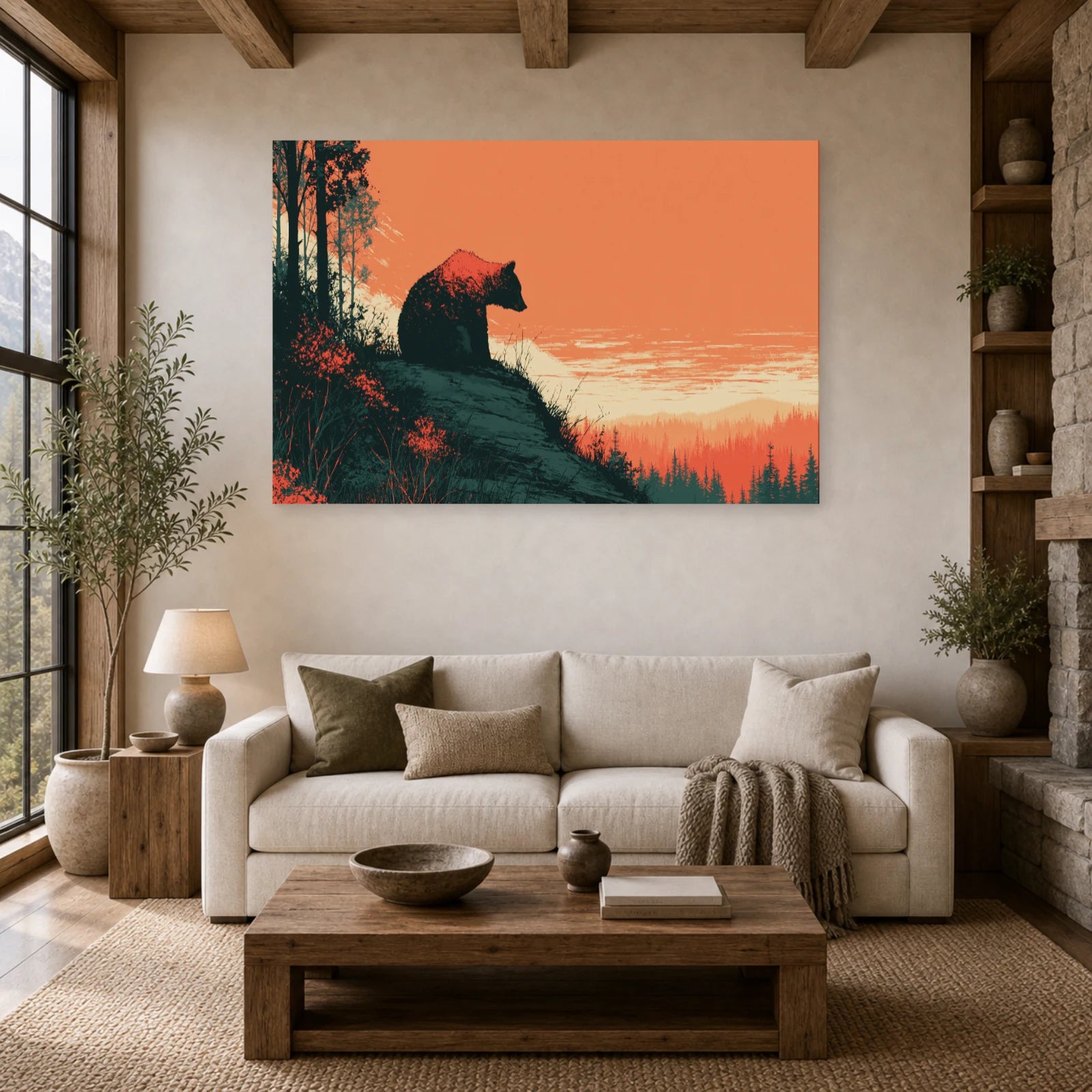 Mockup WebP Tableau Ours Foret Nuit dans un salon - Art Virtuoso