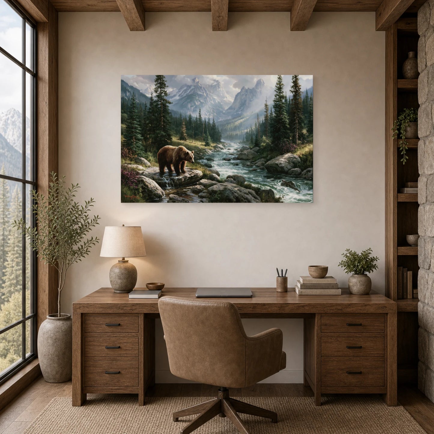 Mockup WebP Tableau Ours Grizzly Rocher dans un bureau - Art Virtuoso