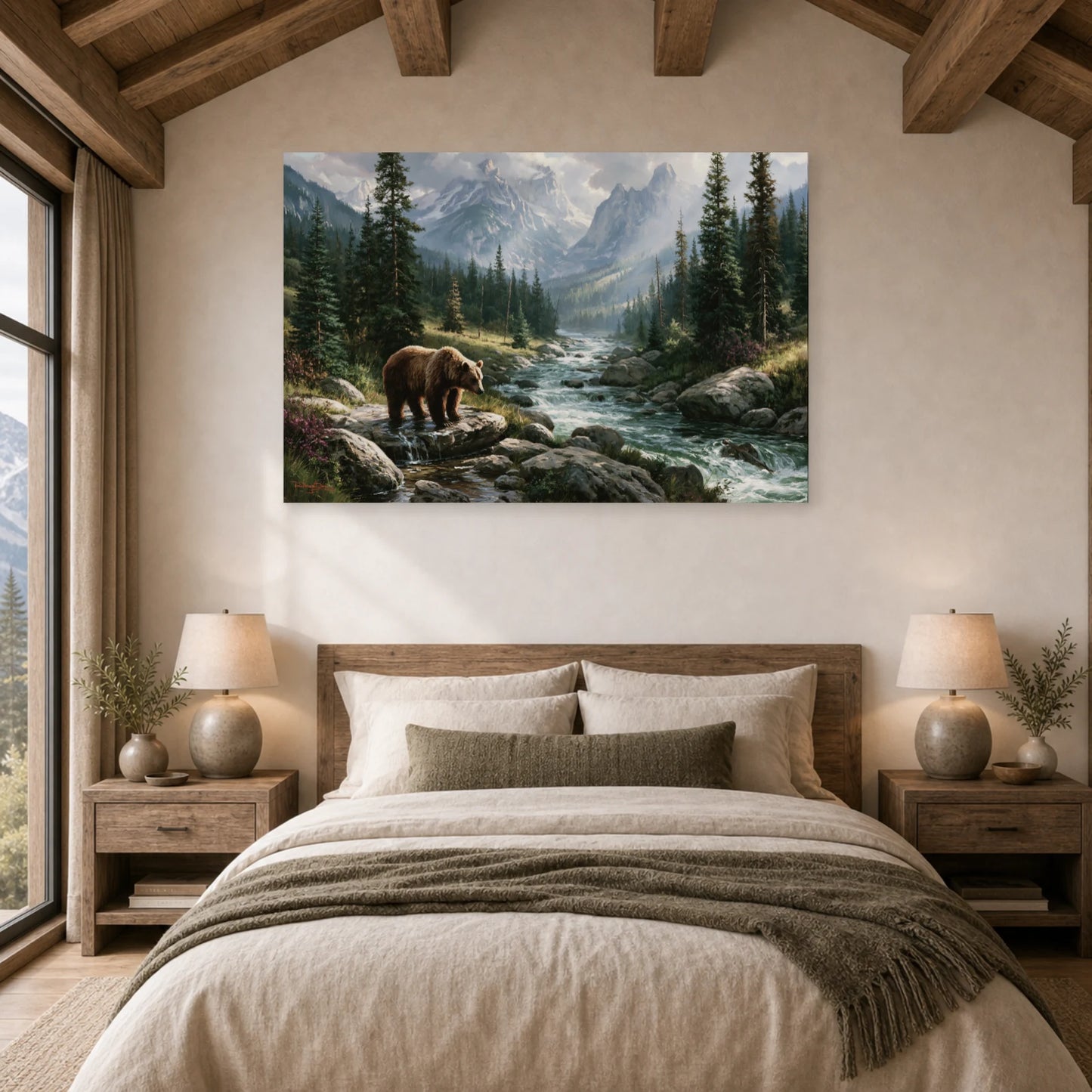Mockup WebP Tableau Ours Grizzly Rocher dans une chambre - Art Virtuoso