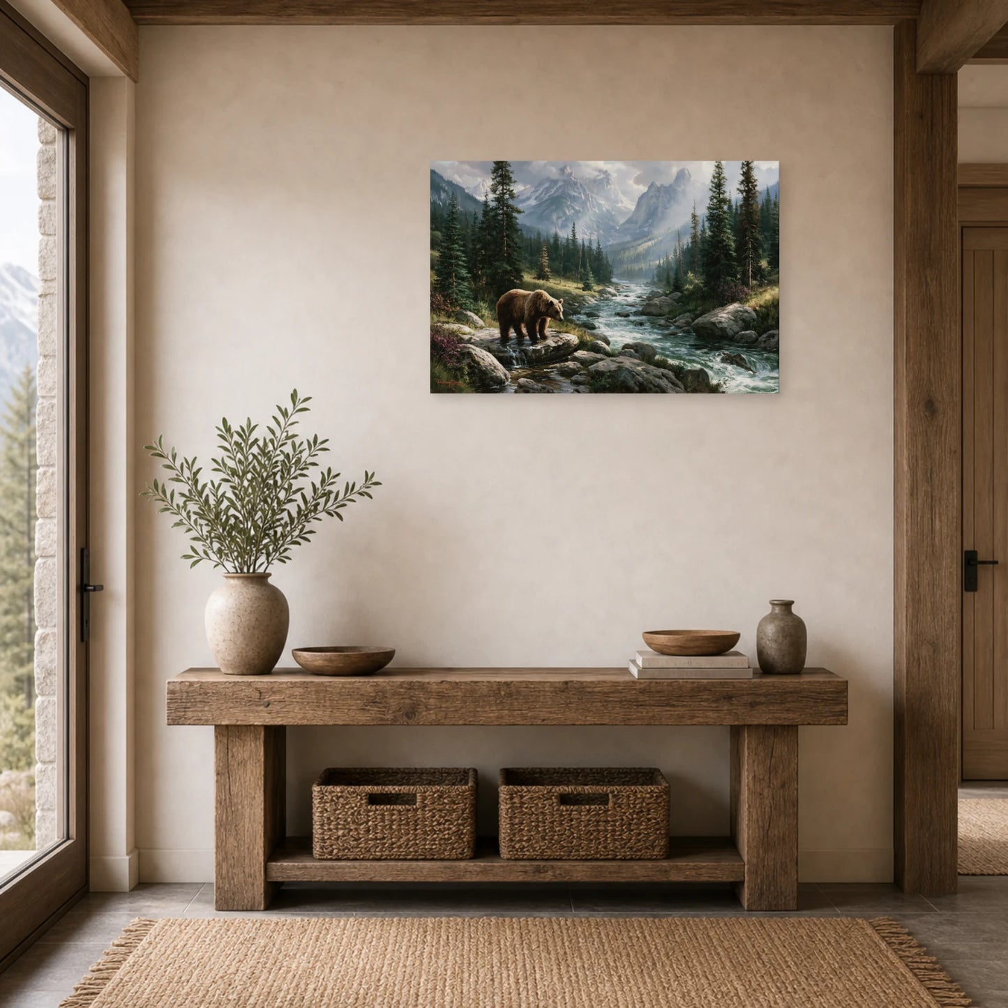 Mockup WebP Tableau Ours Grizzly Rocher dans une entree ou un couloir - Art Virtuoso