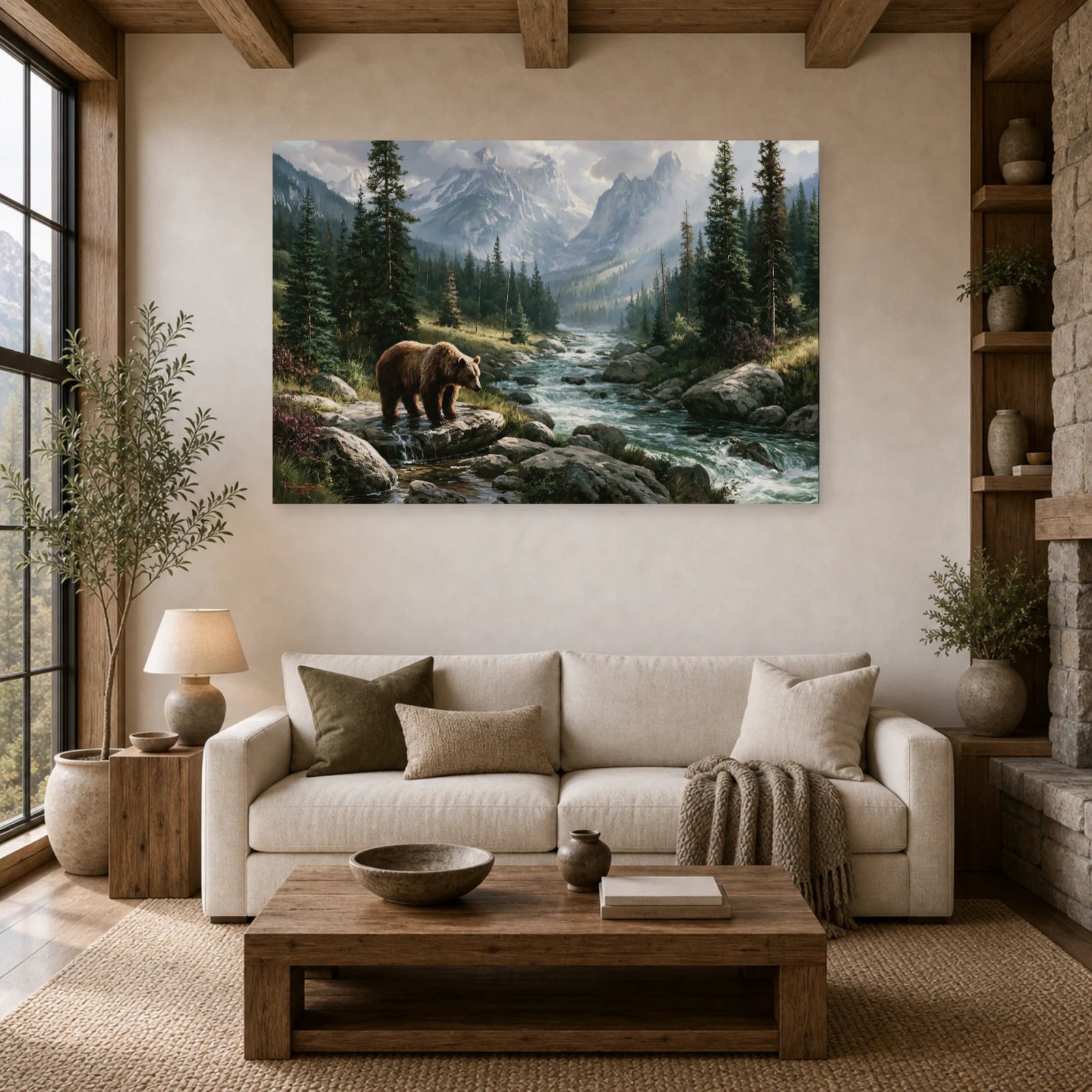 Mockup WebP Tableau Ours Grizzly Rocher dans un salon - Art Virtuoso