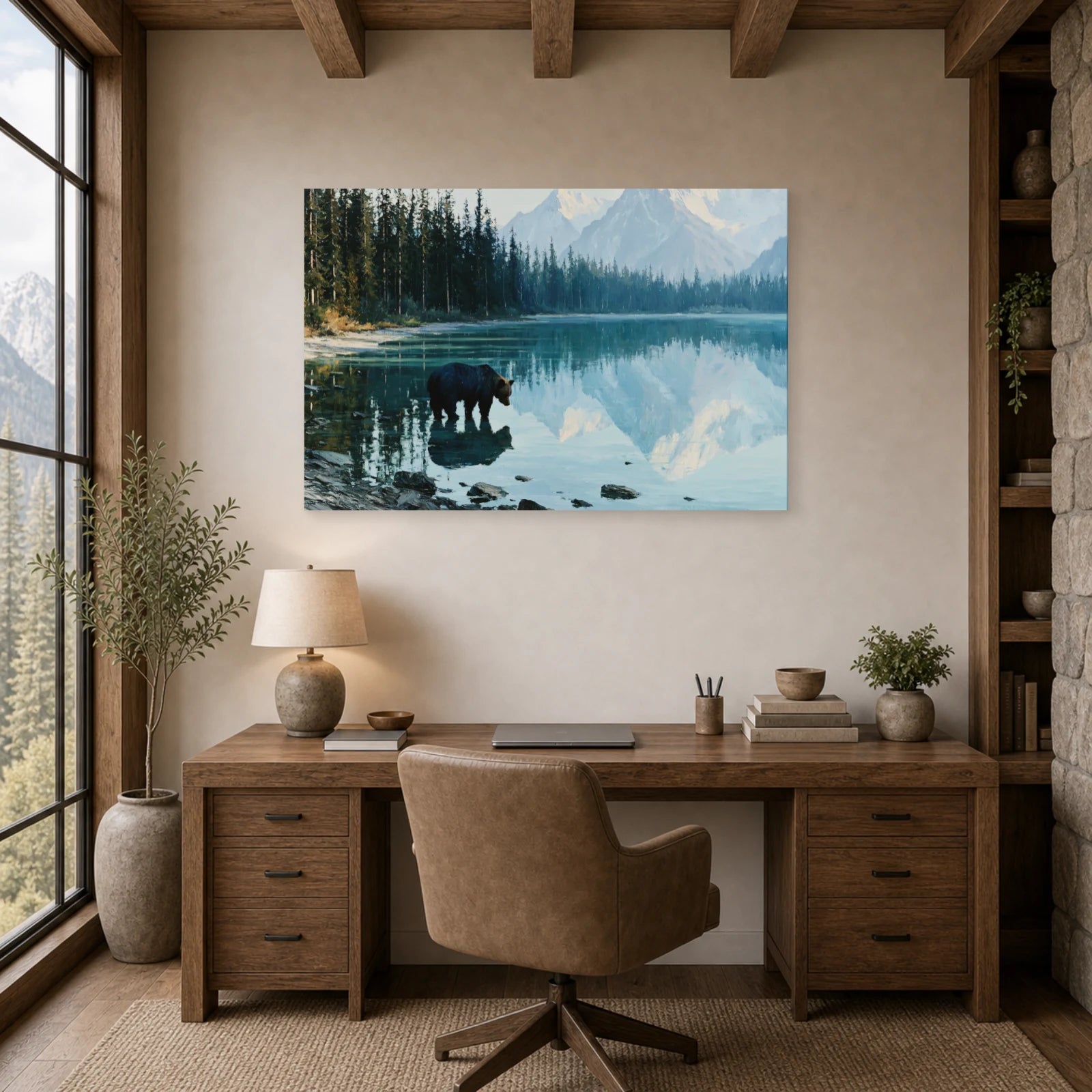 Mockup WebP Tableau Ours Miroir Lac dans un bureau - Art Virtuoso