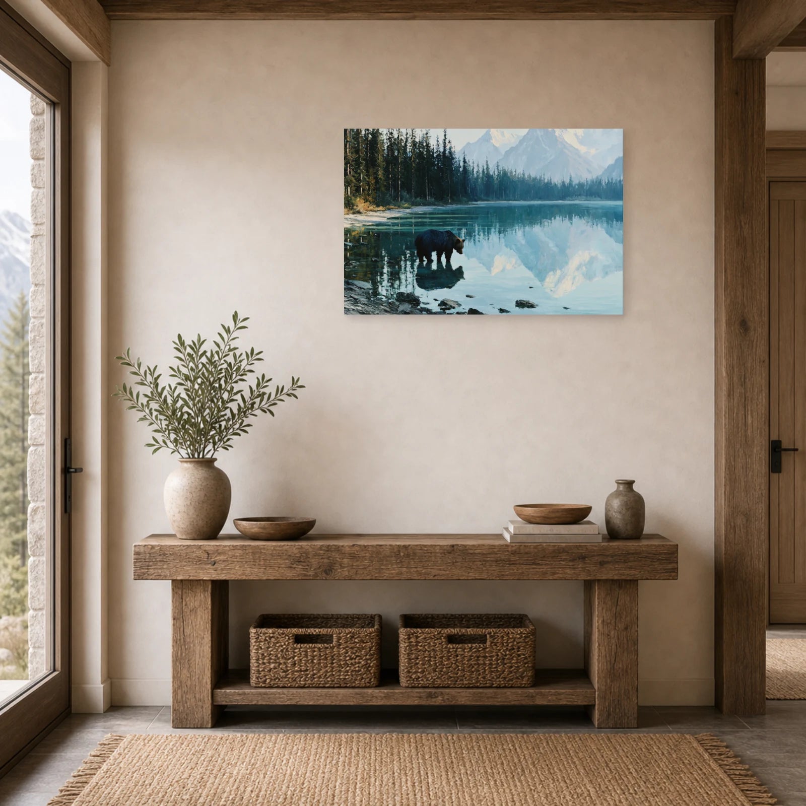 Mockup WebP Tableau Ours Miroir Lac dans une entree ou un couloir - Art Virtuoso