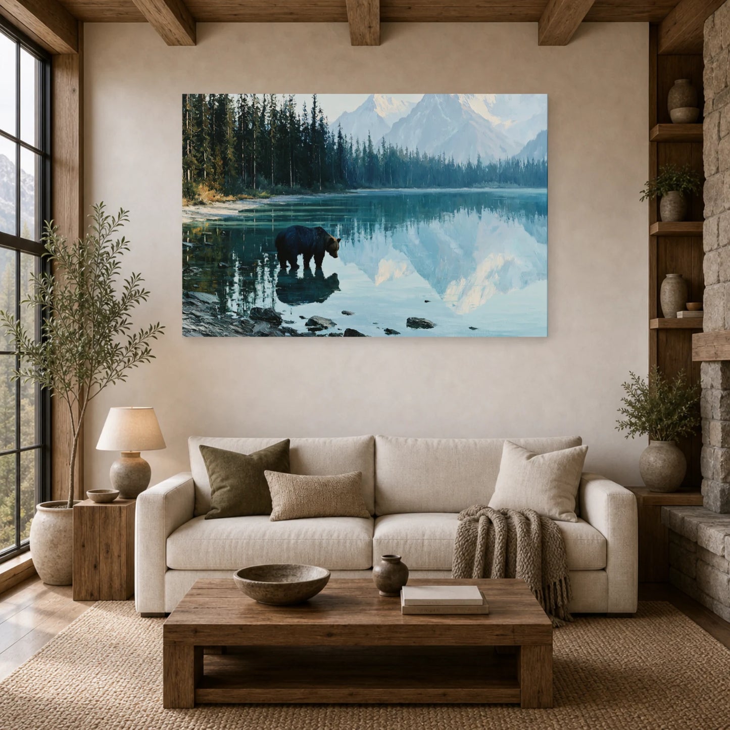 Mockup WebP Tableau Ours Miroir Lac dans un salon - Art Virtuoso