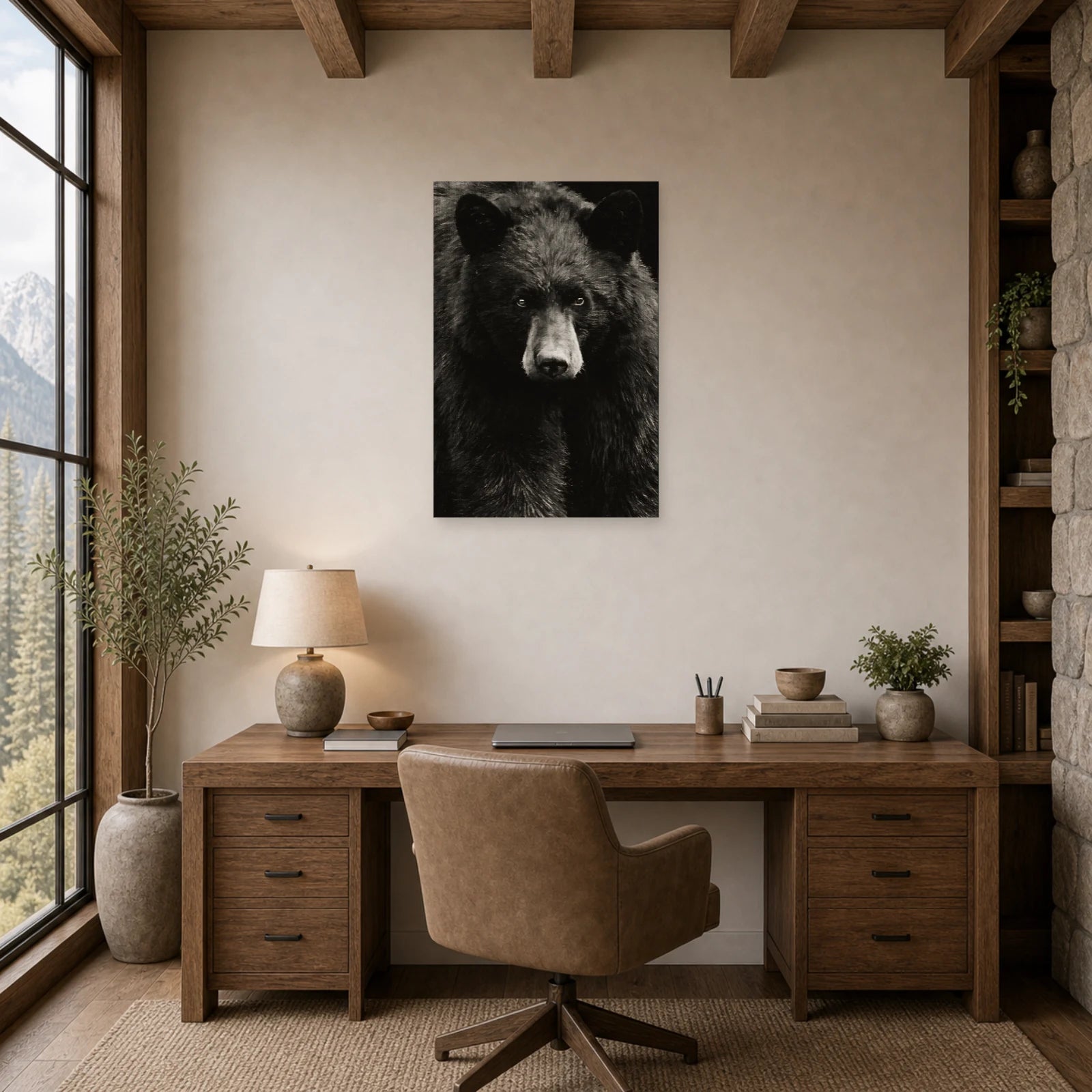 Mockup WebP Tableau Ours Noir Et Blanc Regard Intense dans un bureau - Art Virtuoso