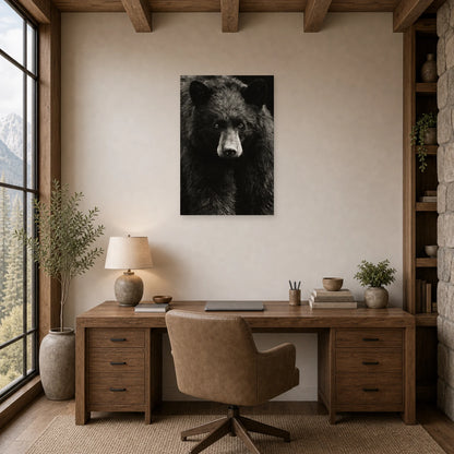 Mockup WebP Tableau Ours Noir Et Blanc Regard Intense dans un bureau - Art Virtuoso