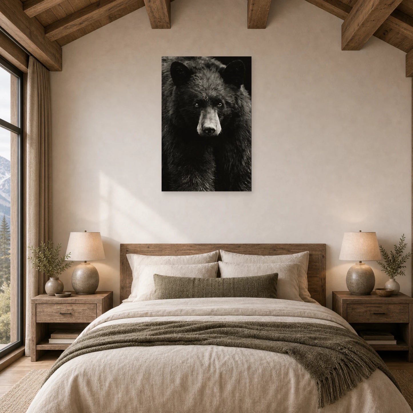 Mockup WebP Tableau Ours Noir Et Blanc Regard Intense dans une chambre - Art Virtuoso