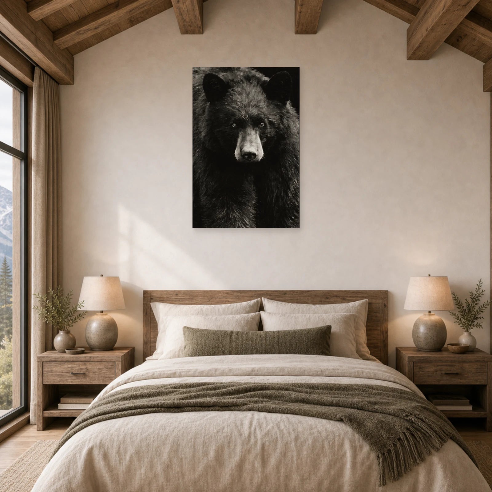 Mockup WebP Tableau Ours Noir Et Blanc Regard Intense dans une chambre - Art Virtuoso