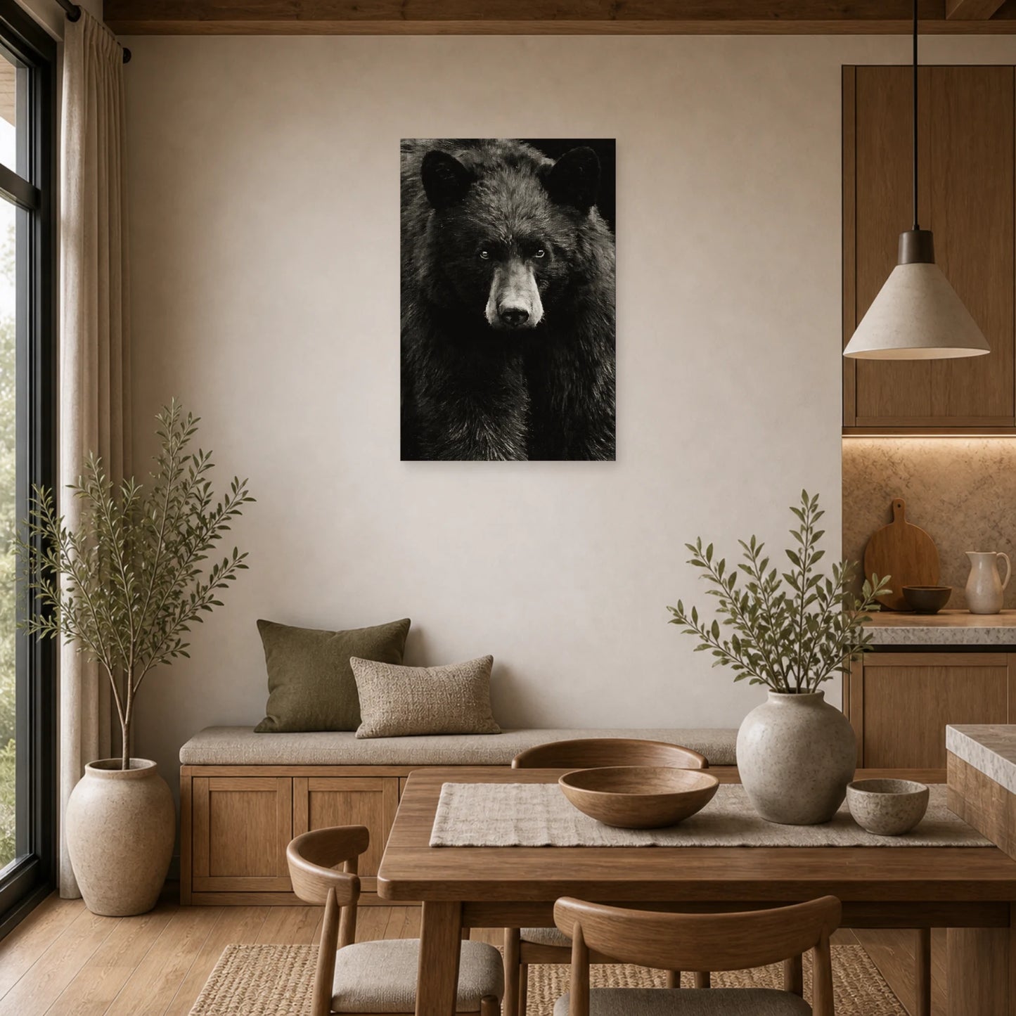 Mockup WebP Tableau Ours Noir Et Blanc Regard Intense dans une cuisine - Art Virtuoso