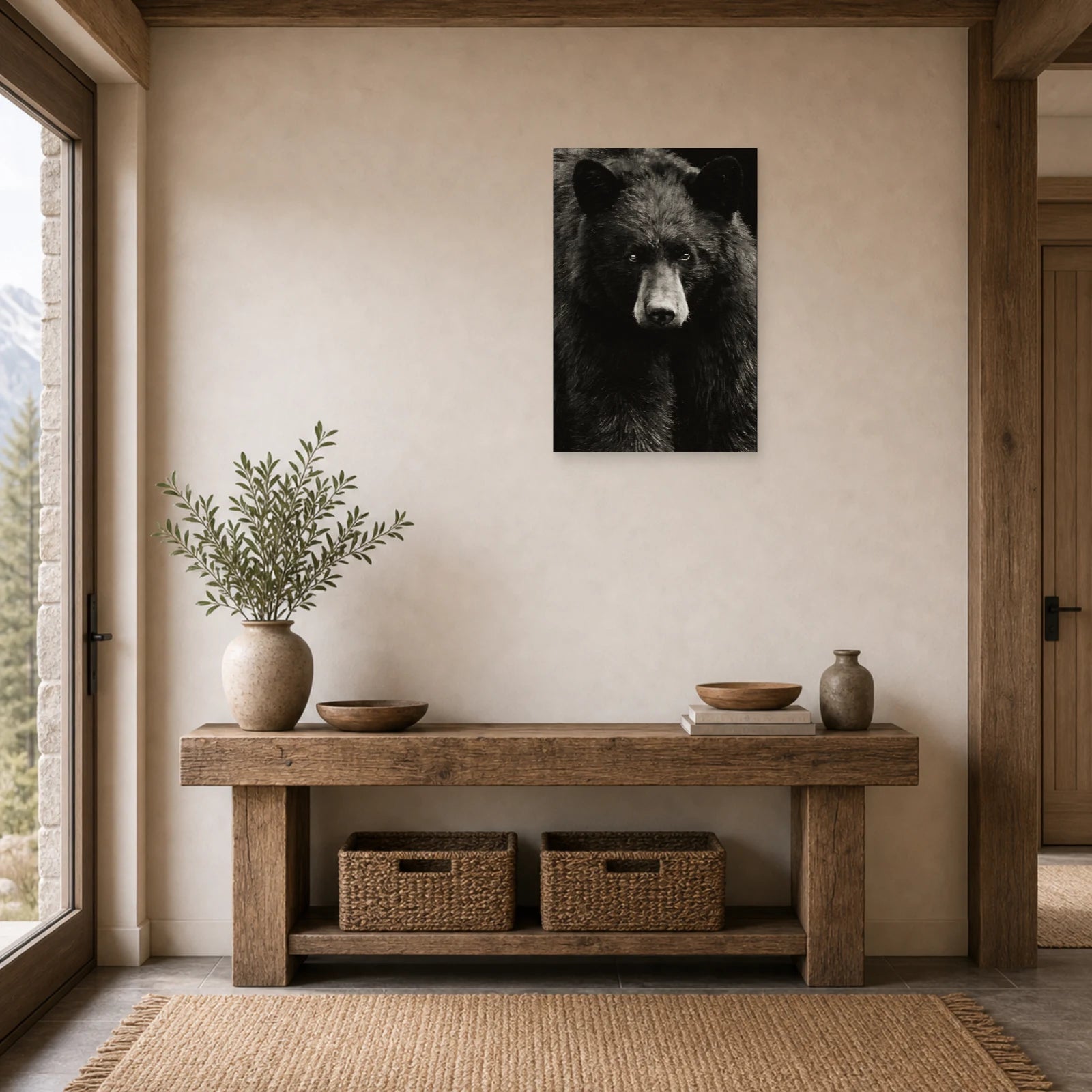 Mockup WebP Tableau Ours Noir Et Blanc Regard Intense dans une entree ou un couloir - Art Virtuoso