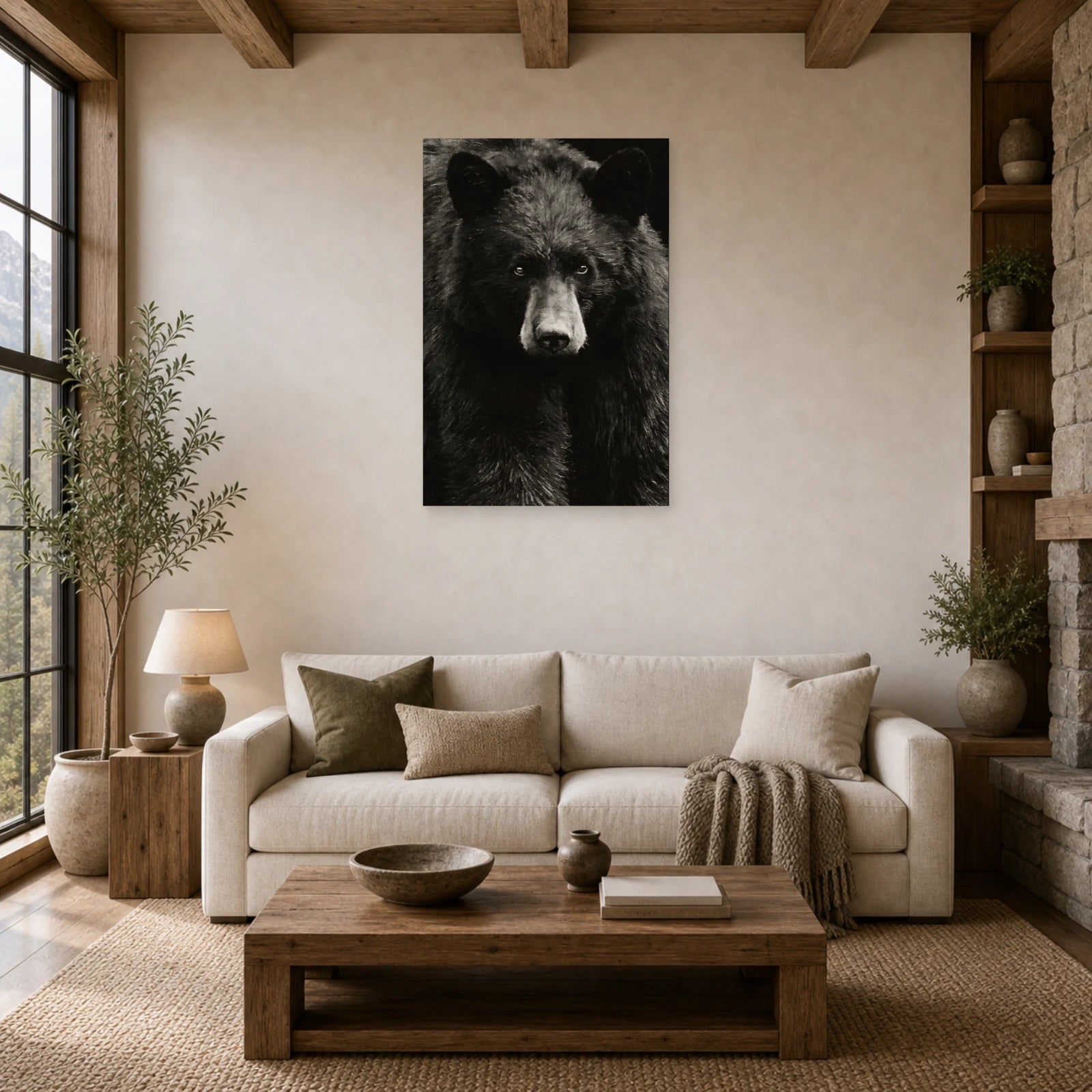 Mockup WebP Tableau Ours Noir Et Blanc Regard Intense dans un salon - Art Virtuoso