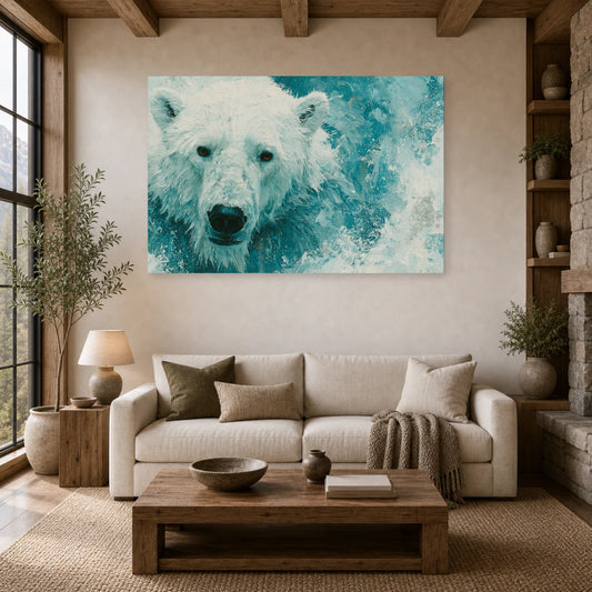 Mockup WebP Tableau Ours Polaire Abstrait dans un salon - Art Virtuoso