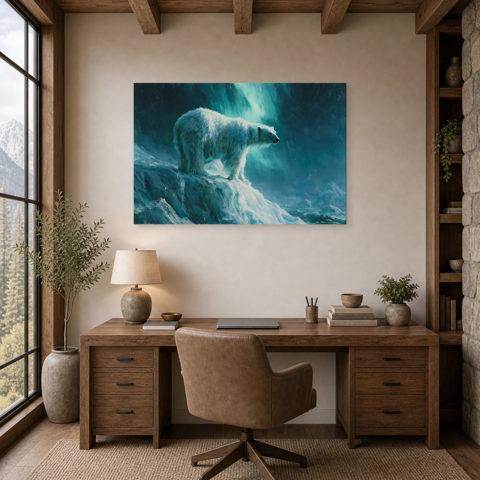Mockup WebP Tableau Ours Polaire Aurore Boreale dans un bureau - Art Virtuoso