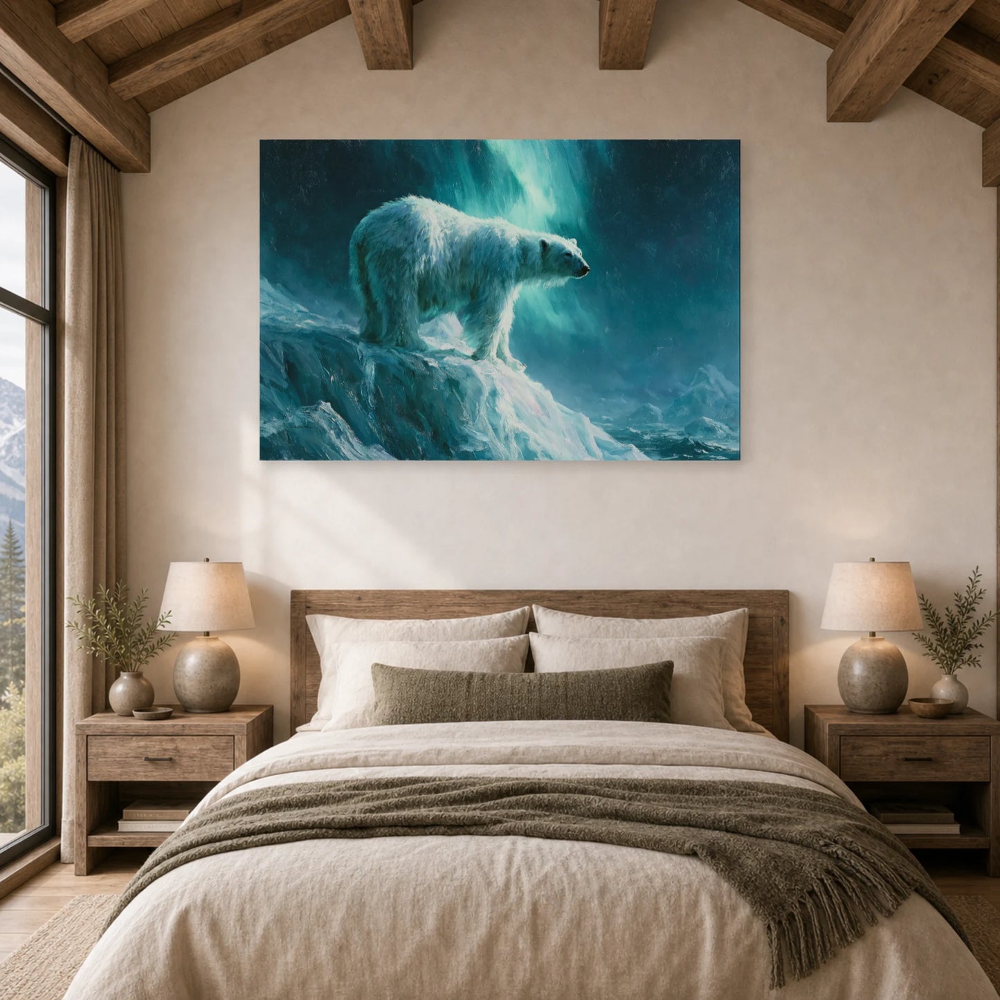 Mockup WebP Tableau Ours Polaire Aurore Boreale dans une chambre - Art Virtuoso