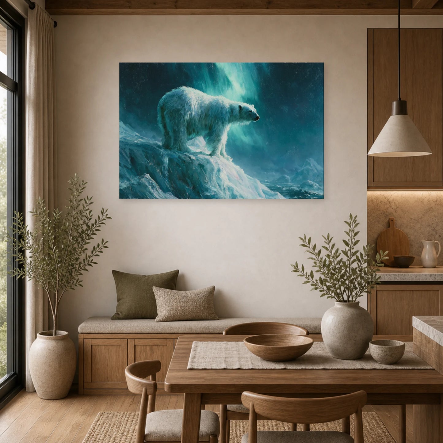 Mockup WebP Tableau Ours Polaire Aurore Boreale dans une cuisine - Art Virtuoso