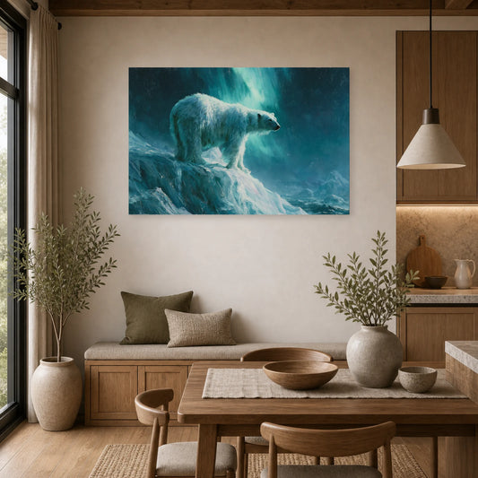 Mockup WebP Tableau Ours Polaire Aurore Boreale dans une cuisine - Art Virtuoso