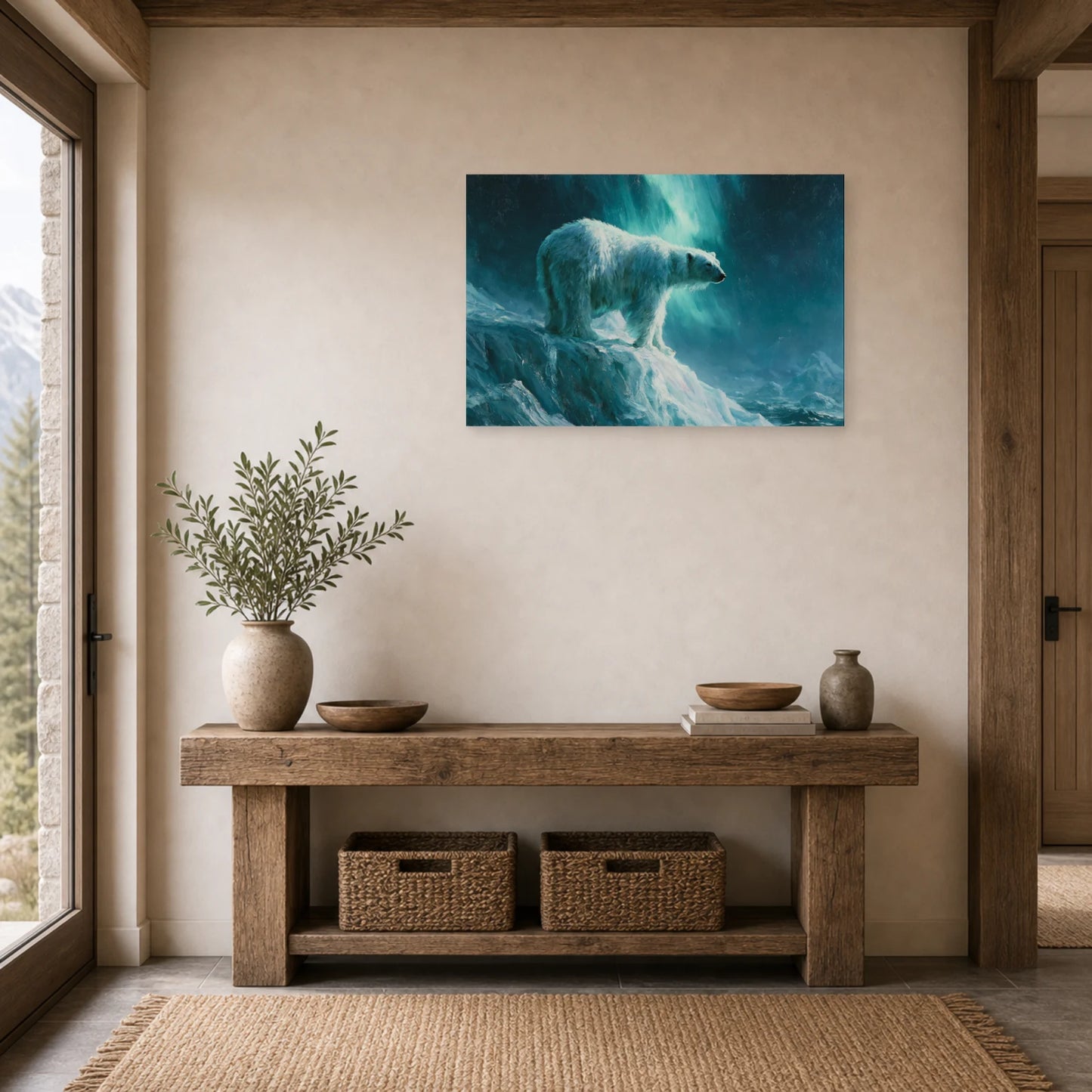 Mockup WebP Tableau Ours Polaire Aurore Boreale dans une entree ou un couloir - Art Virtuoso