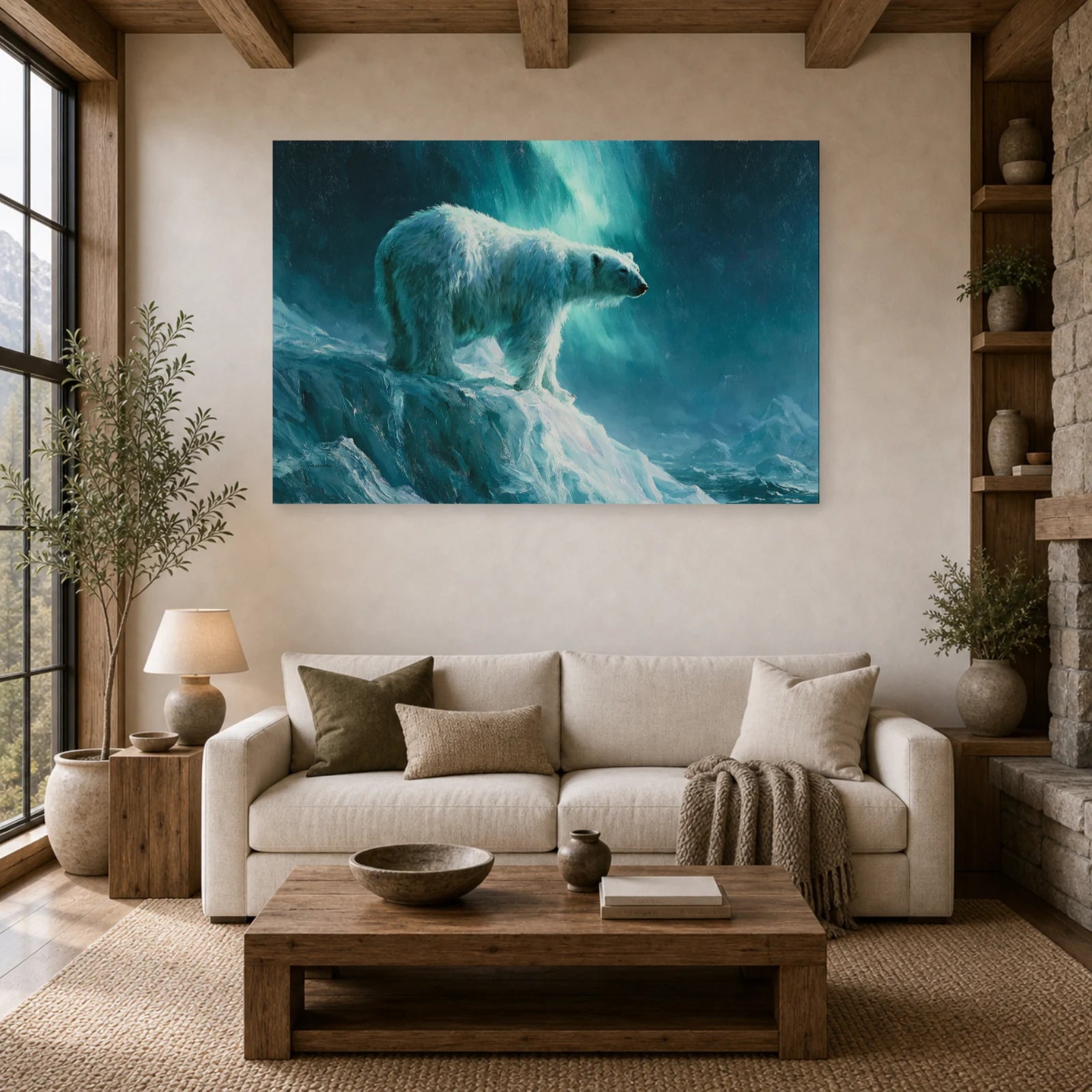 Mockup WebP Tableau Ours Polaire Aurore Boreale dans un salon - Art Virtuoso