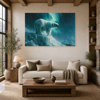Mockup WebP Tableau Ours Polaire Aurore Boreale dans un salon - Art Virtuoso