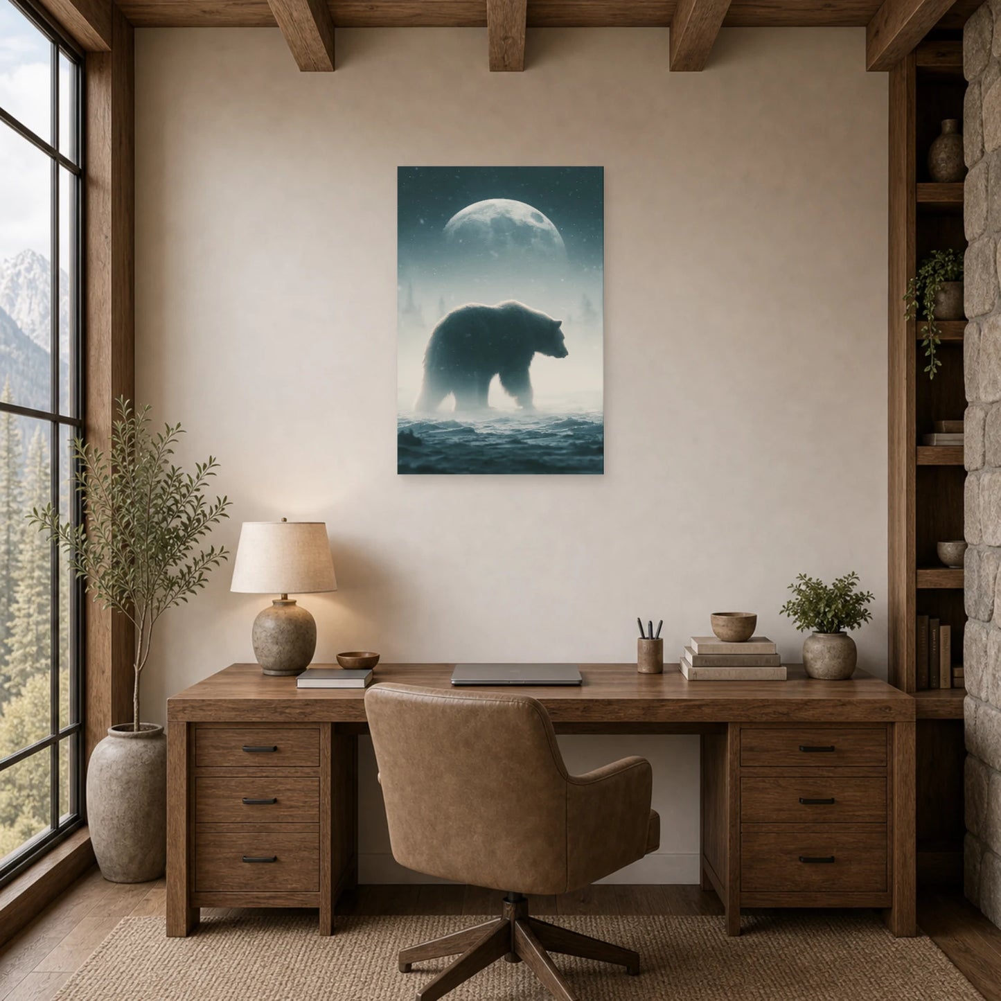 Mockup WebP Tableau Ours Polaire Lune Bleue dans un bureau - Art Virtuoso
