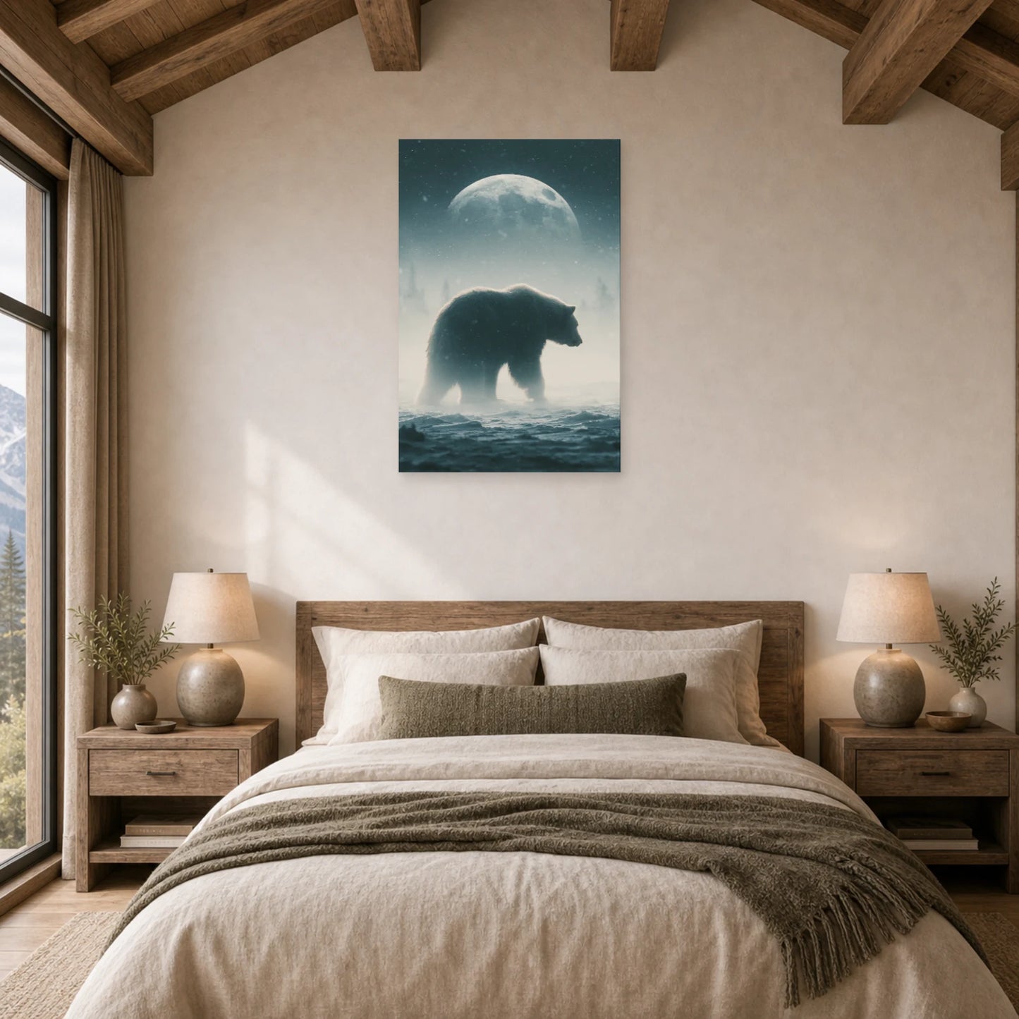 Mockup WebP Tableau Ours Polaire Lune Bleue dans une chambre - Art Virtuoso