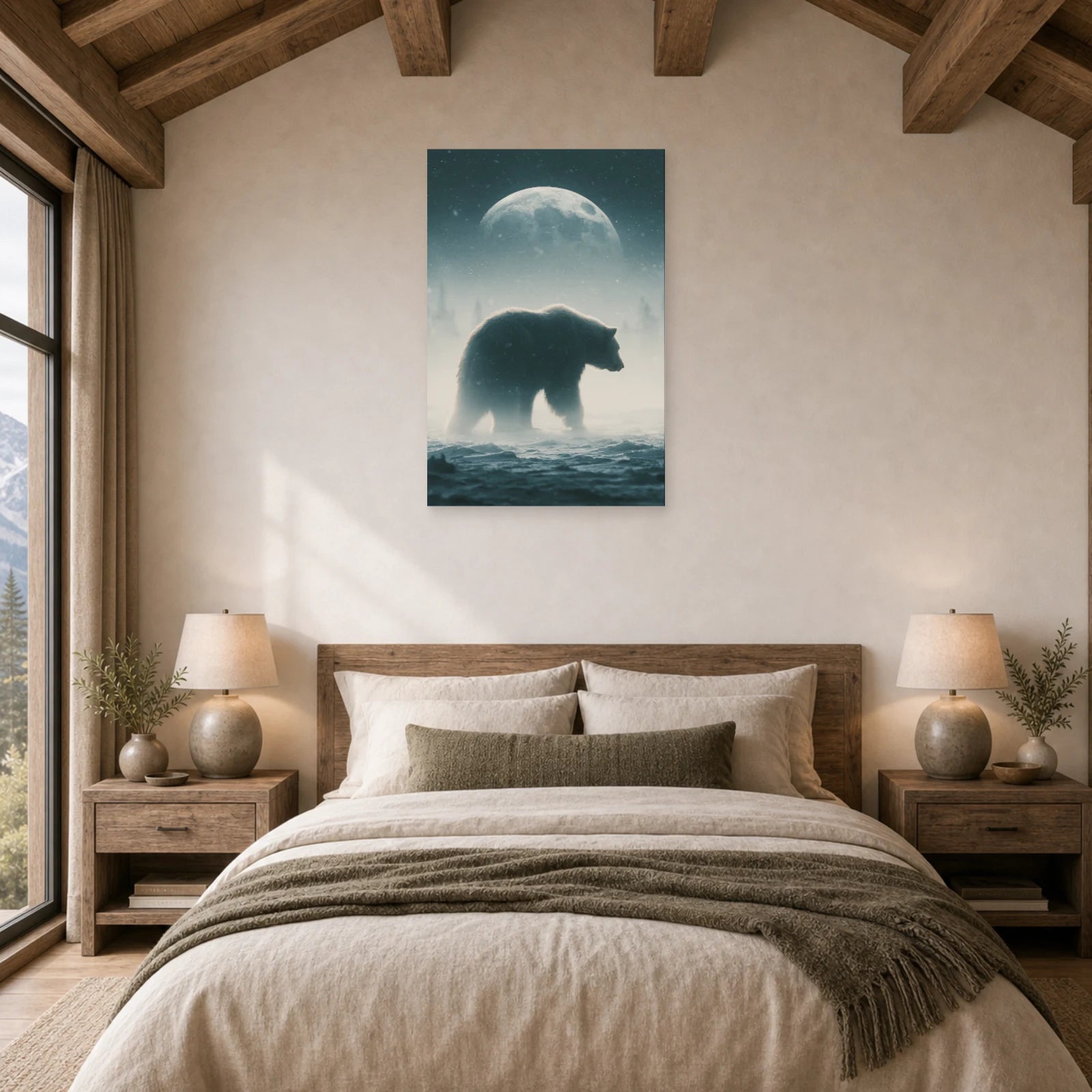 Mockup WebP Tableau Ours Polaire Lune Bleue dans une chambre - Art Virtuoso