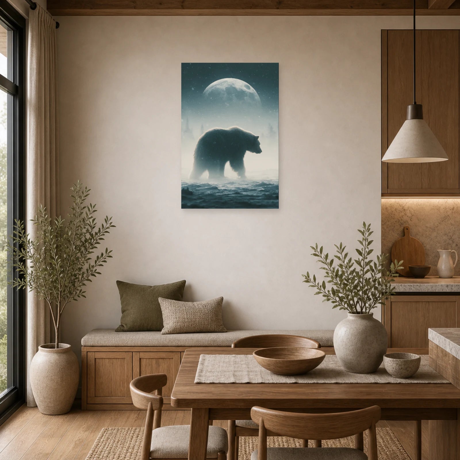 Mockup WebP Tableau Ours Polaire Lune Bleue dans une cuisine - Art Virtuoso