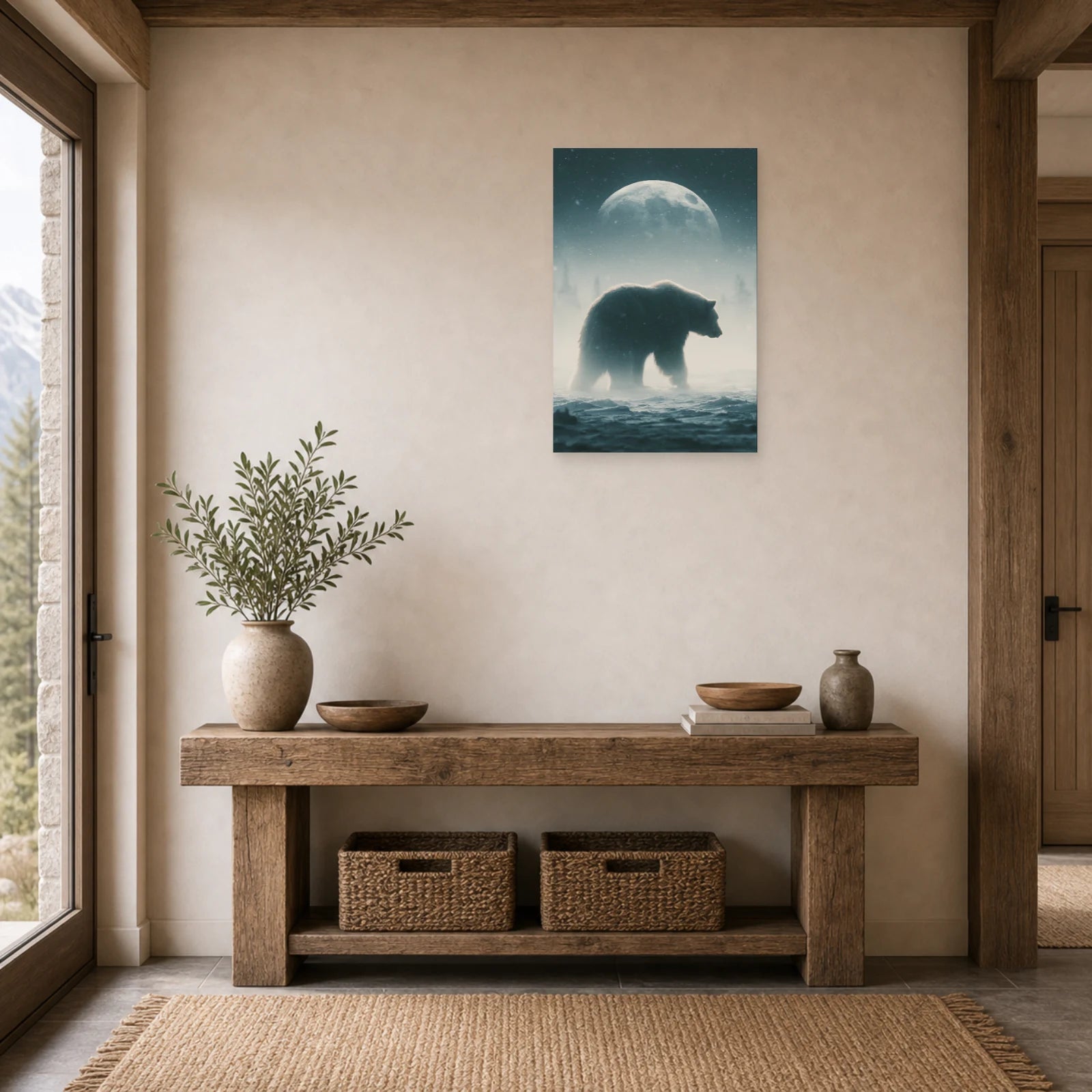 Mockup WebP Tableau Ours Polaire Lune Bleue dans une entree ou un couloir - Art Virtuoso