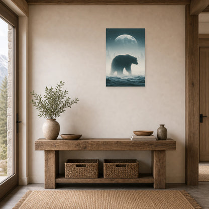 Mockup WebP Tableau Ours Polaire Lune Bleue dans une entree ou un couloir - Art Virtuoso