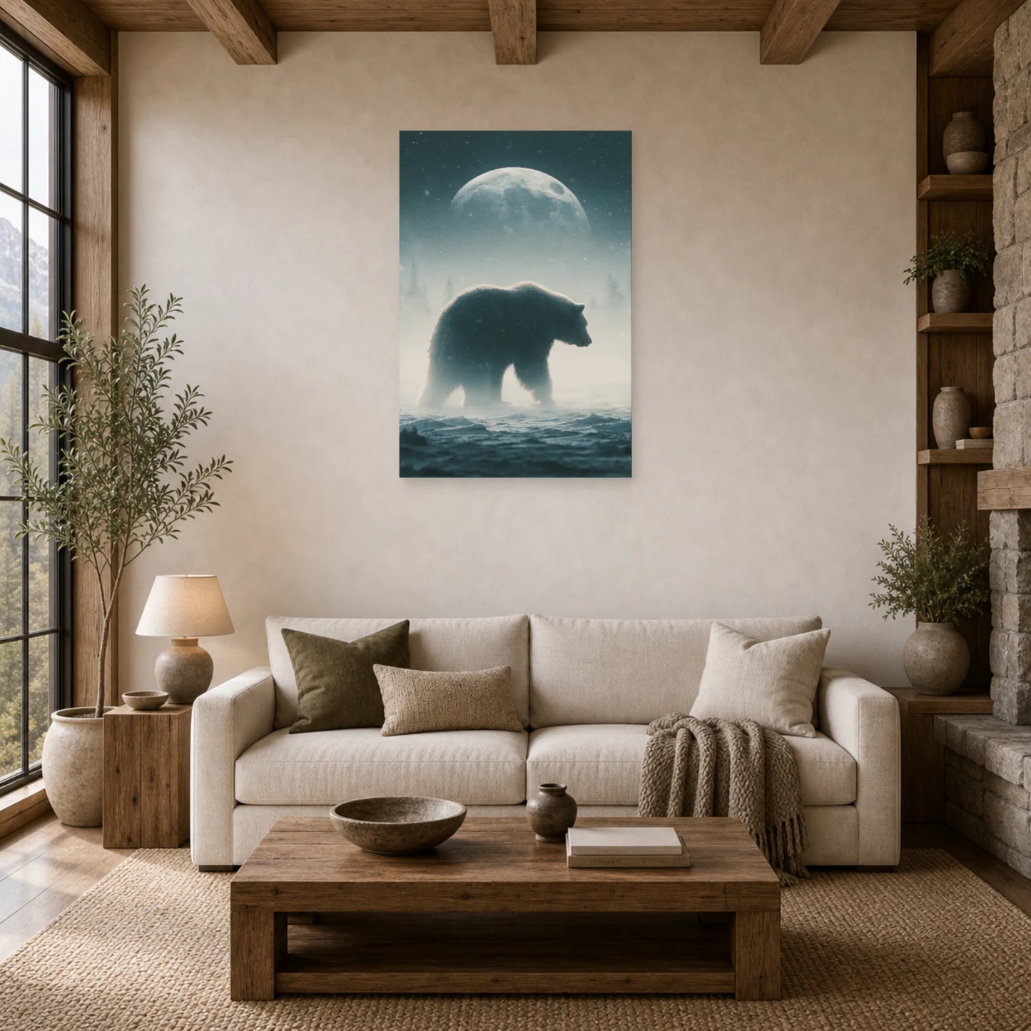 Mockup WebP Tableau Ours Polaire Lune Bleue dans un salon - Art Virtuoso