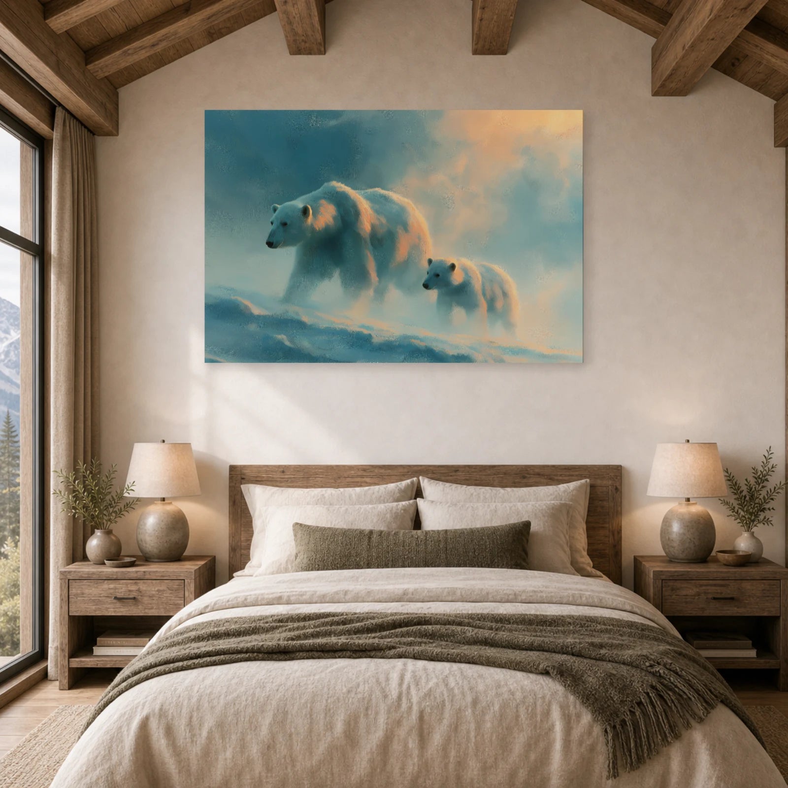 Mockup WebP Tableau Ours Polaire Mere Et Ourson dans une chambre - Art Virtuoso