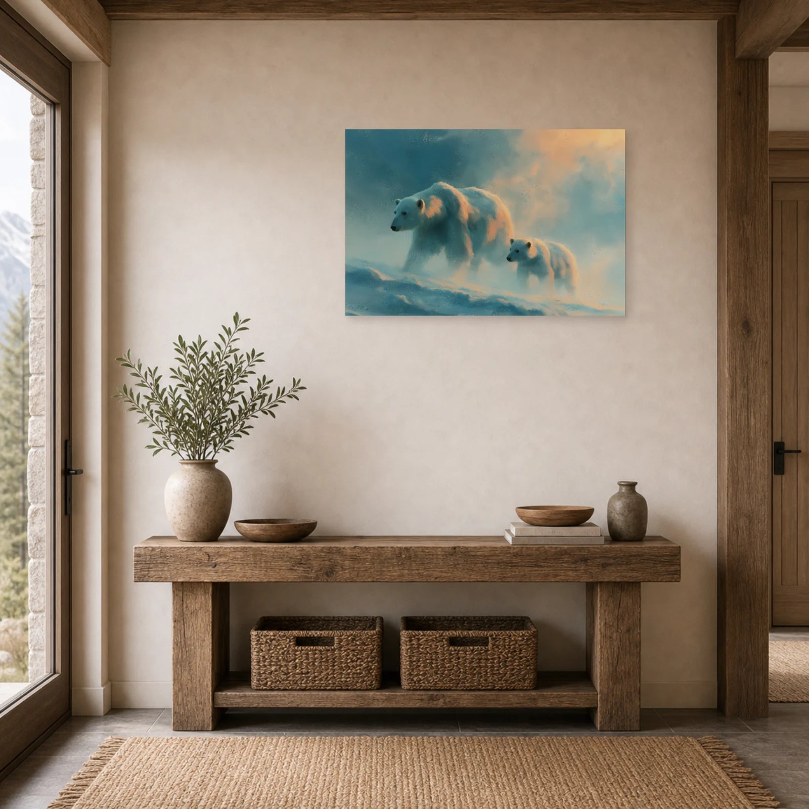 Mockup WebP Tableau Ours Polaire Mere Et Ourson dans une entree ou un couloir - Art Virtuoso