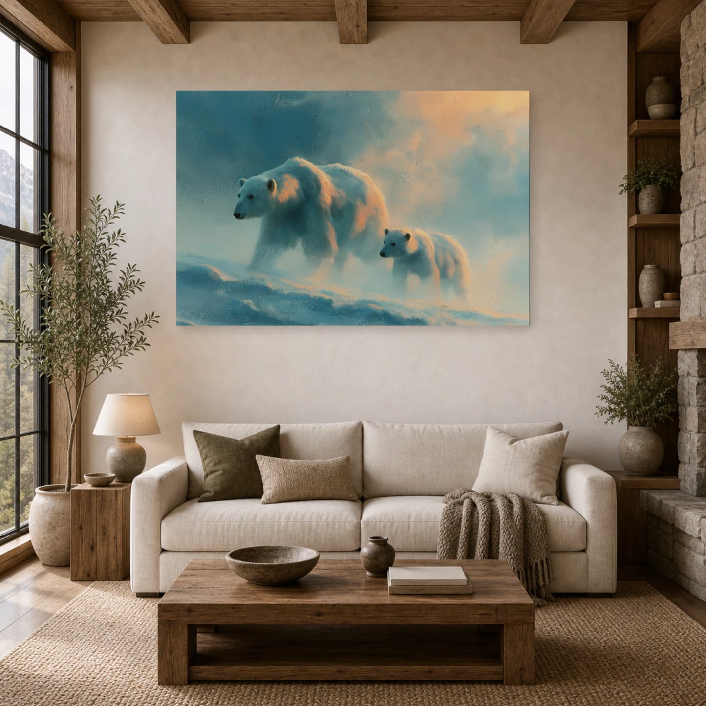 Mockup WebP Tableau Ours Polaire Mere Et Ourson dans un salon - Art Virtuoso