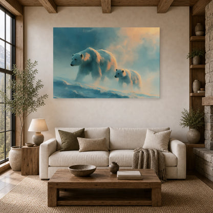 Mockup WebP Tableau Ours Polaire Mere Et Ourson dans un salon - Art Virtuoso