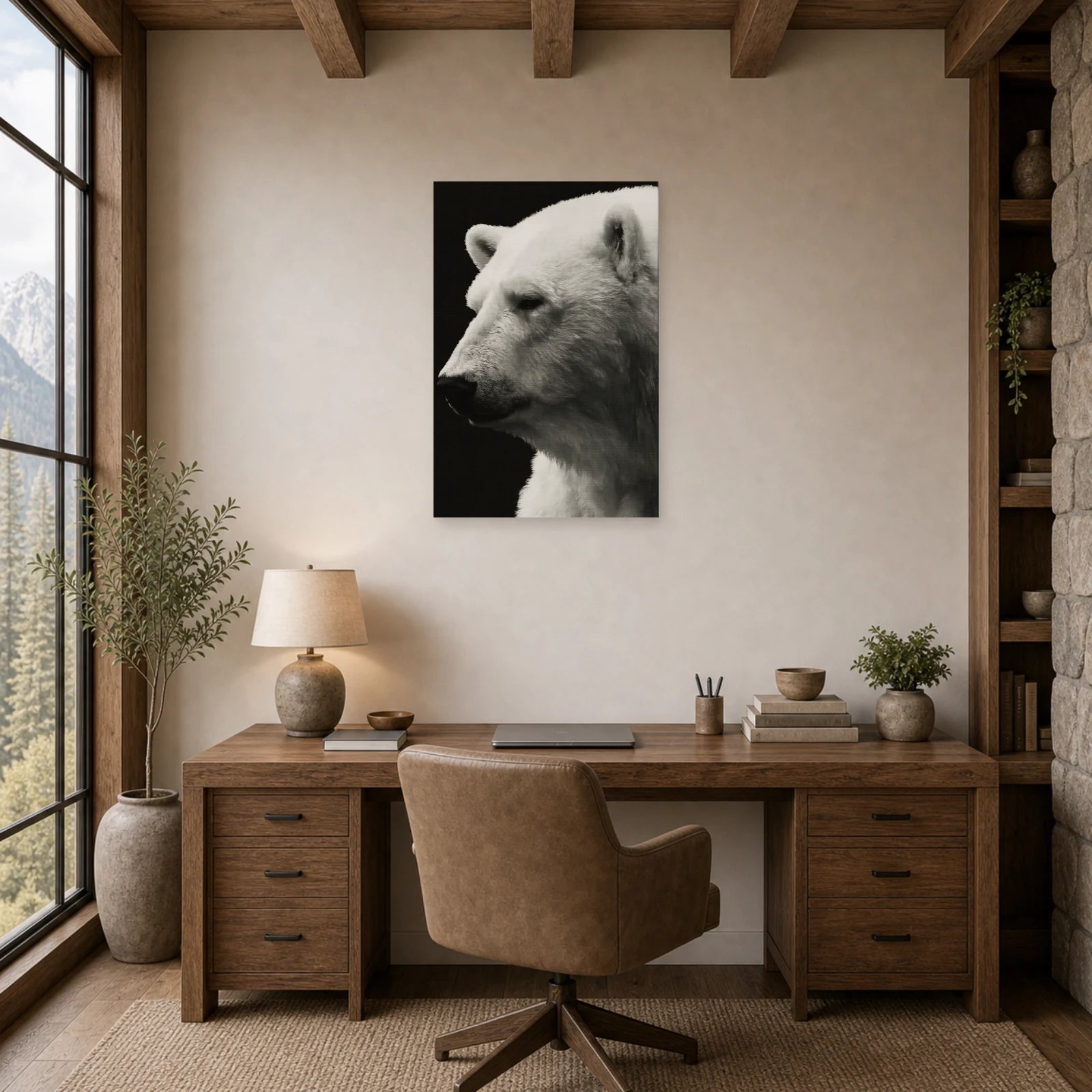 Mockup WebP Tableau Ours Polaire Noir Et Blanc dans un bureau - Art Virtuoso